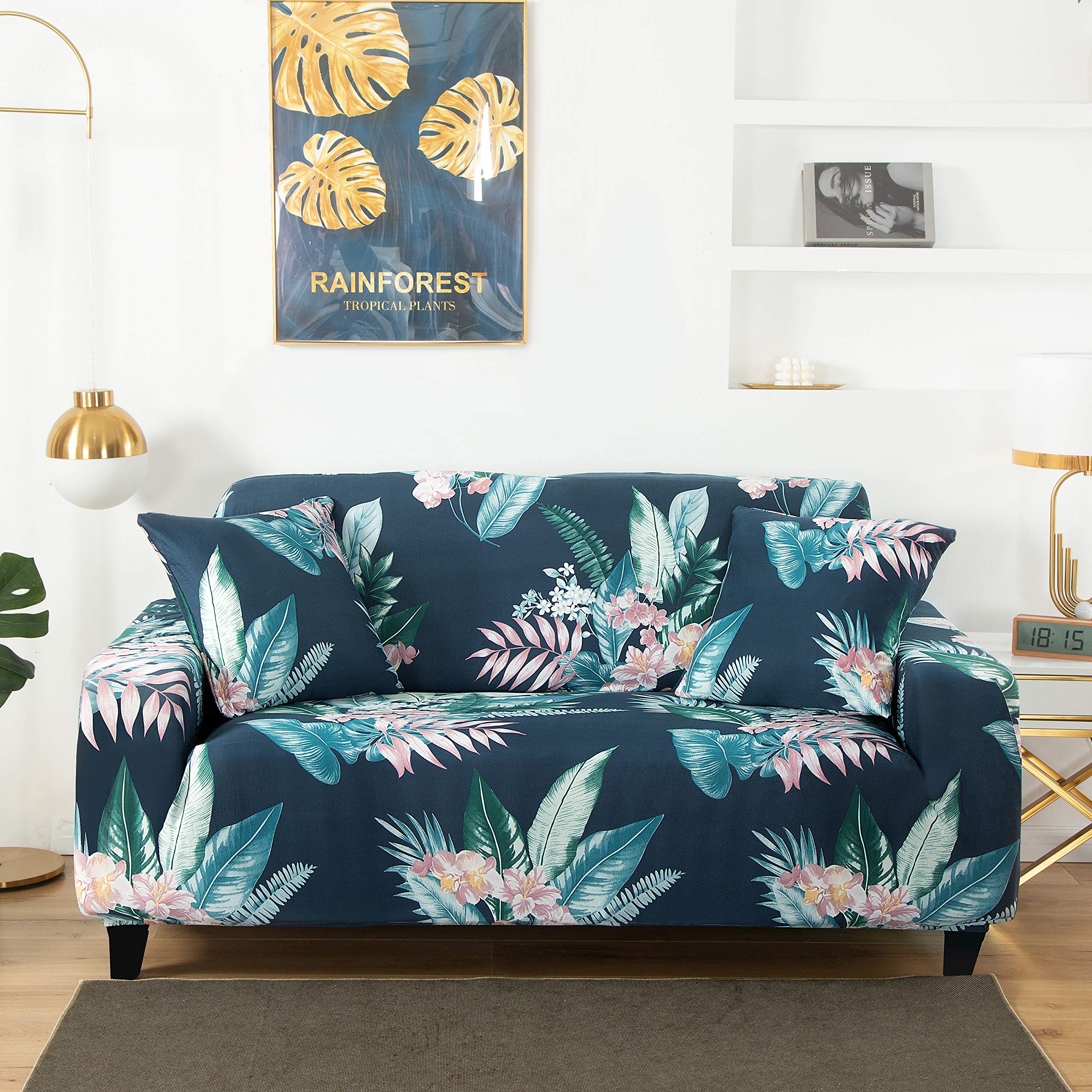 HOOBUY Stretch Sofa Cover for 2 Cushion Couch - Printed Slipcover for Loveseat & 2-Seater with 2 Free Pillow Cases (RDYL Design) - Perfect for Living Room, Apartment & Home Decor Protection