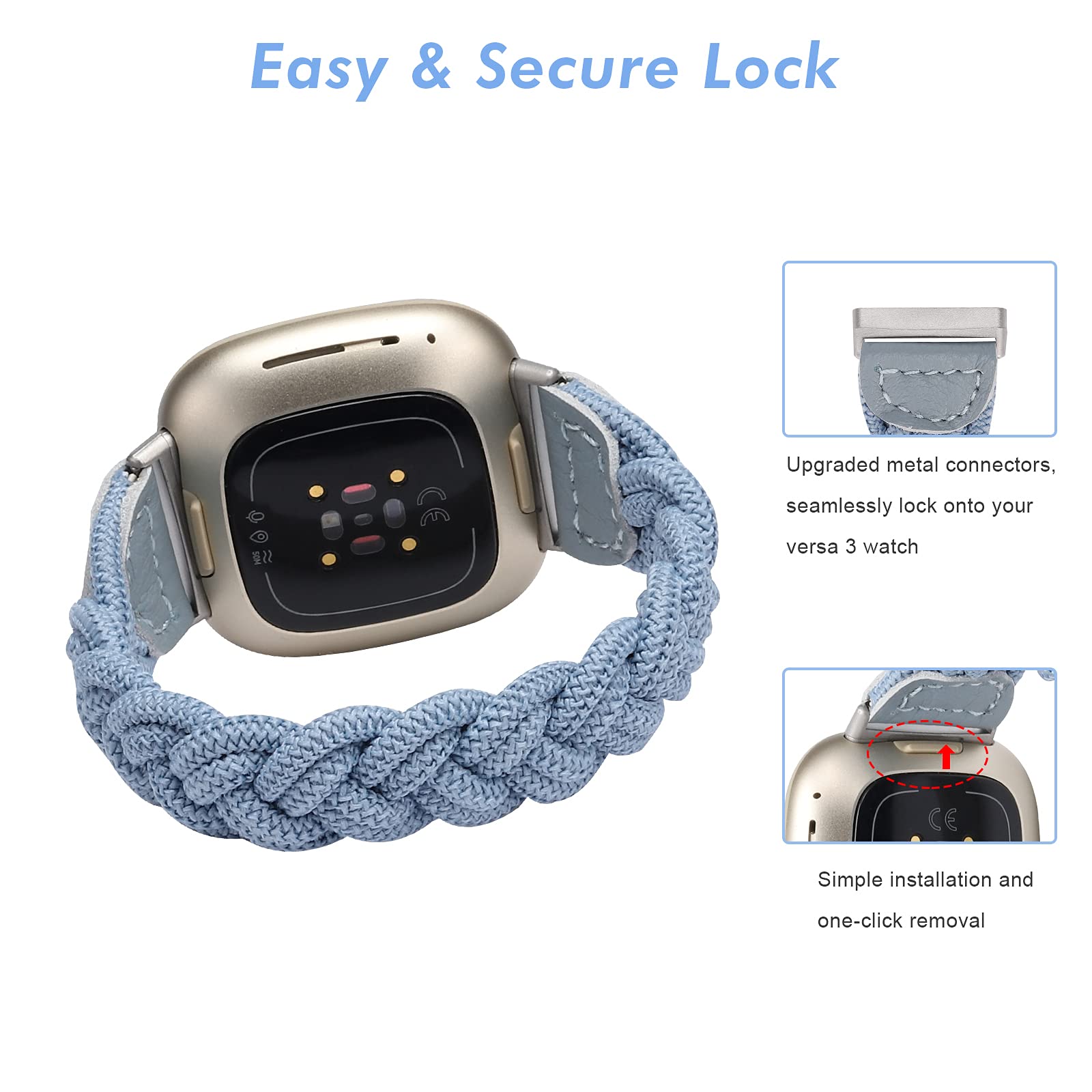 Premium Elastic Braided Solo Loop Strap for Fitbit Sense/Sense 2/Versa 3/Versa 4 - Slim Stretchy Woven Wristband Accessory for Women (Sky Blue, XS) - Perfect for Workouts, Running & Everyday Wear