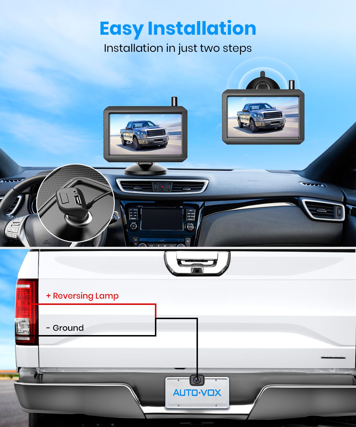 AUTO-VOX W7Pro 5 Inch HD Wireless Backup Camera System with Stable Digital Signal & Dual Channel Color Night Vision - Easy Install Rear View Camera for Car, SUV, Pickup Truck, Van | Perfect for Parking, Reversing & Night Driving Safety