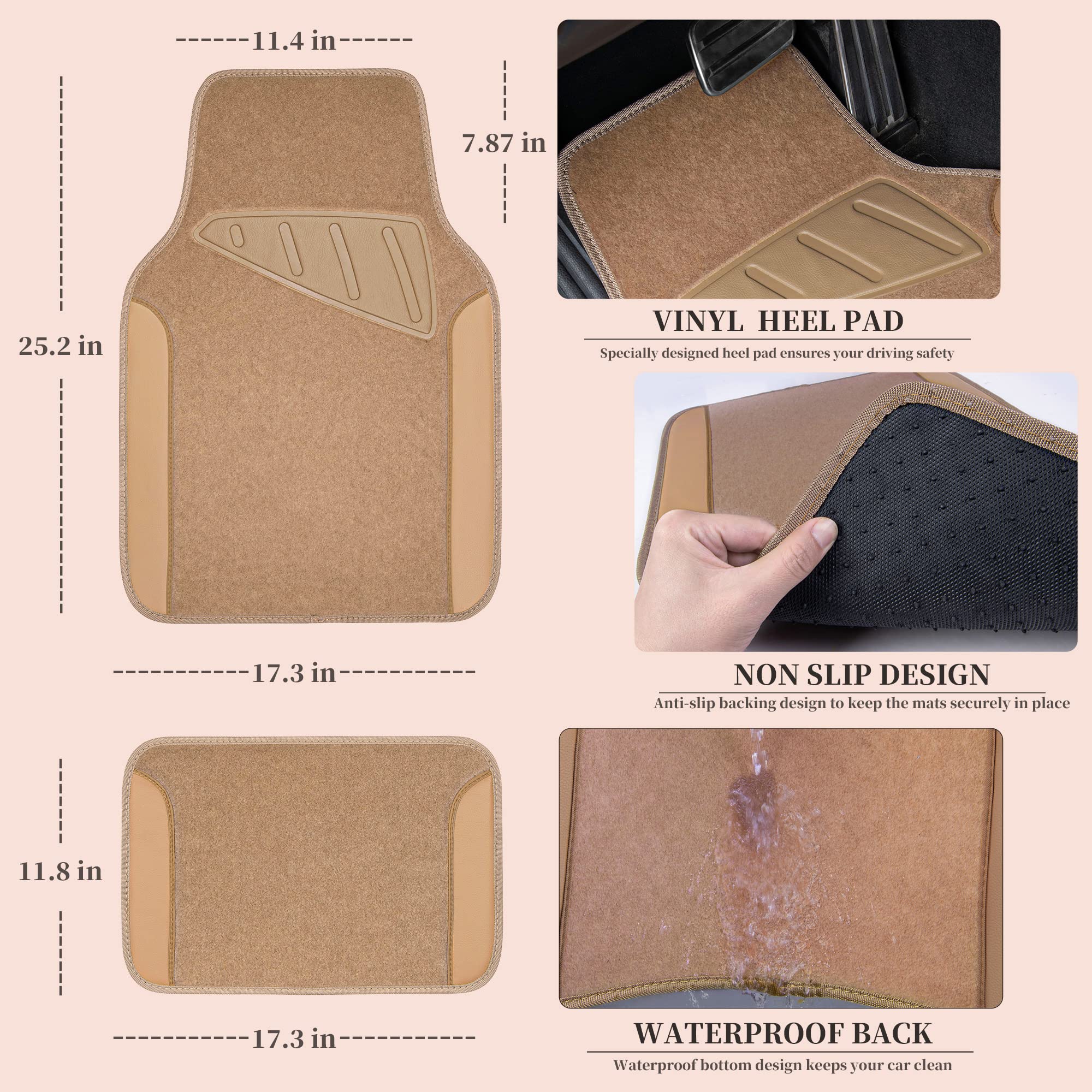 Premium Beige Leather Waterproof Car Floor Mats - Universal Fit for SUV, Van, Sedan, Truck - 4-Piece Set with Anti-Slip Nibs & Driver Heel Pad - Durable All-Weather Protection for Cars, Trucks & SUVs - Perfect for Daily Commute, Road Trips & Family Travel