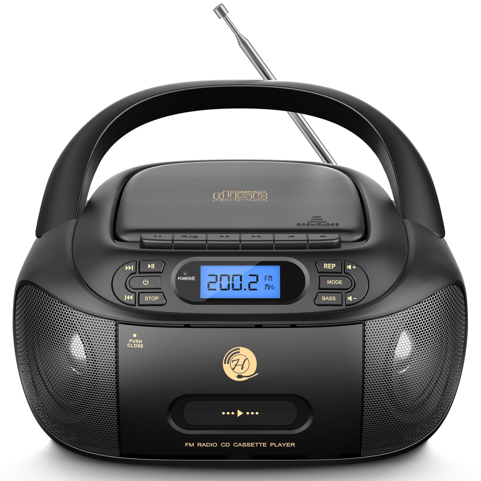 Hernido Portable Boombox with CD Cassette Player Combo, FM Radio, Rechargeable Stereo Speakers, Super Bass, AUX-In, USB Playback, Headphone Jack – Perfect for Home, Parties, and Outdoor Gatherings
