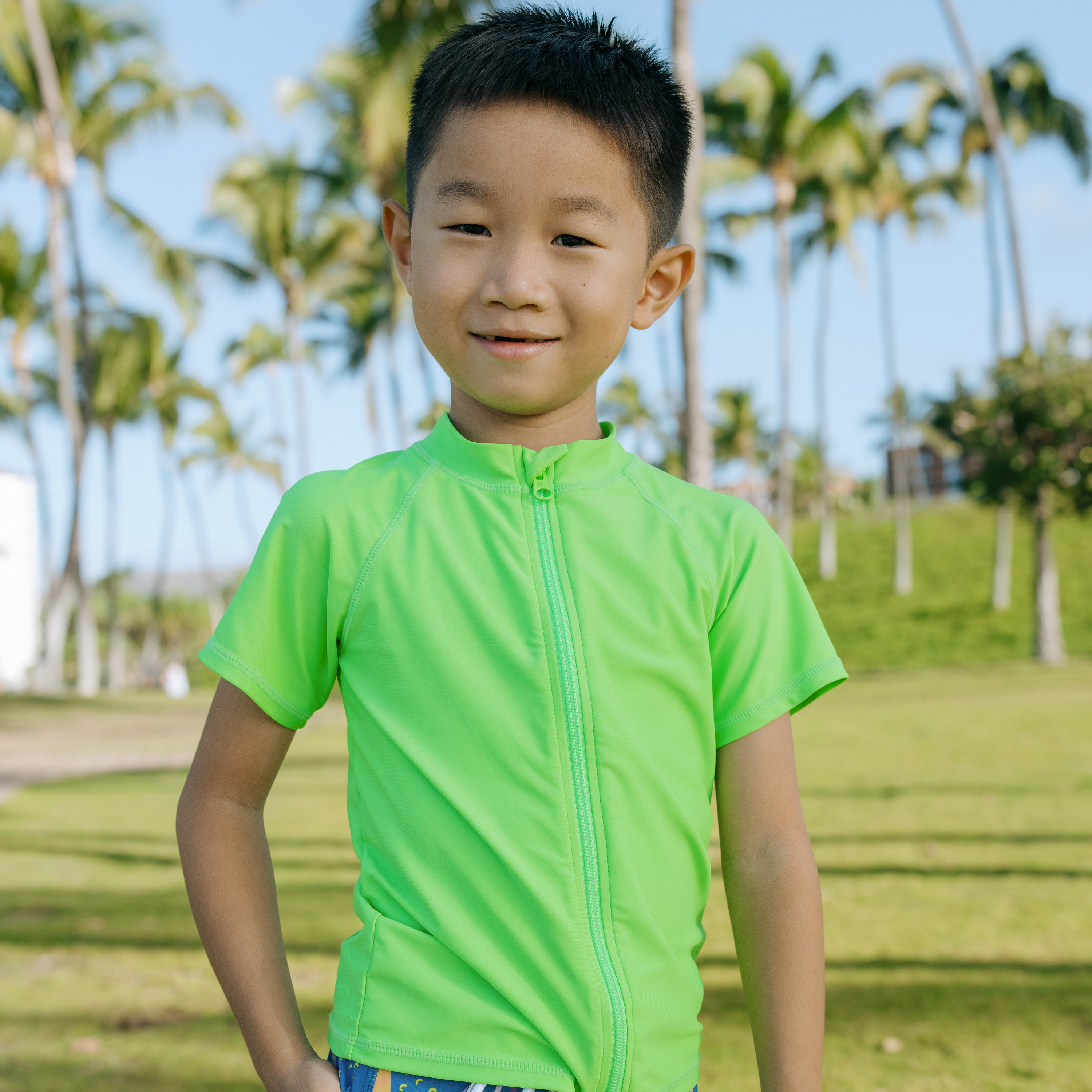 Kids Short Sleeve Zipper Rash Guard Swim Shirt - UPF 50+ Sun Protection, Neon Green Color | Perfect for Beach, Pool & Water Sports Activities
