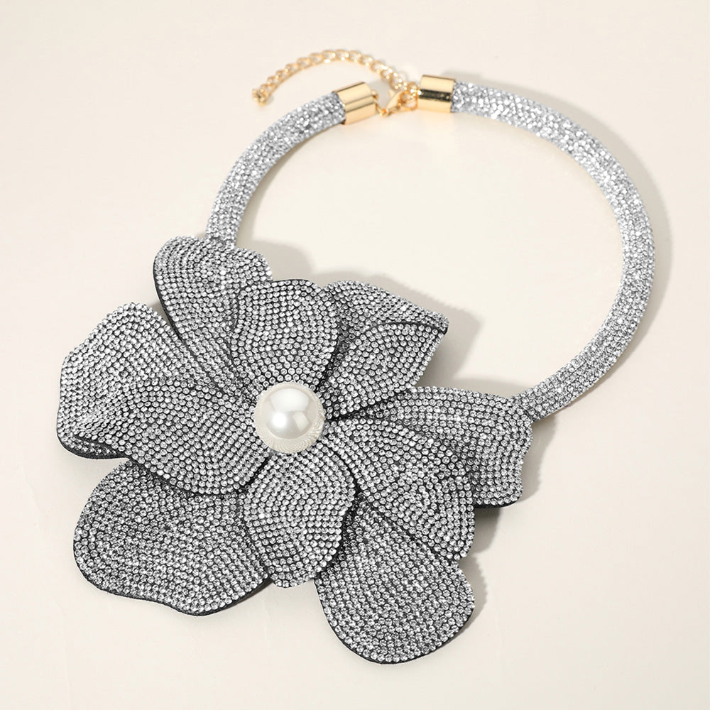 Stylish Silver Bling Studded Oversized Flower Pointed Necklace for Women - Perfect for Parties, Weddings & Evening Events
