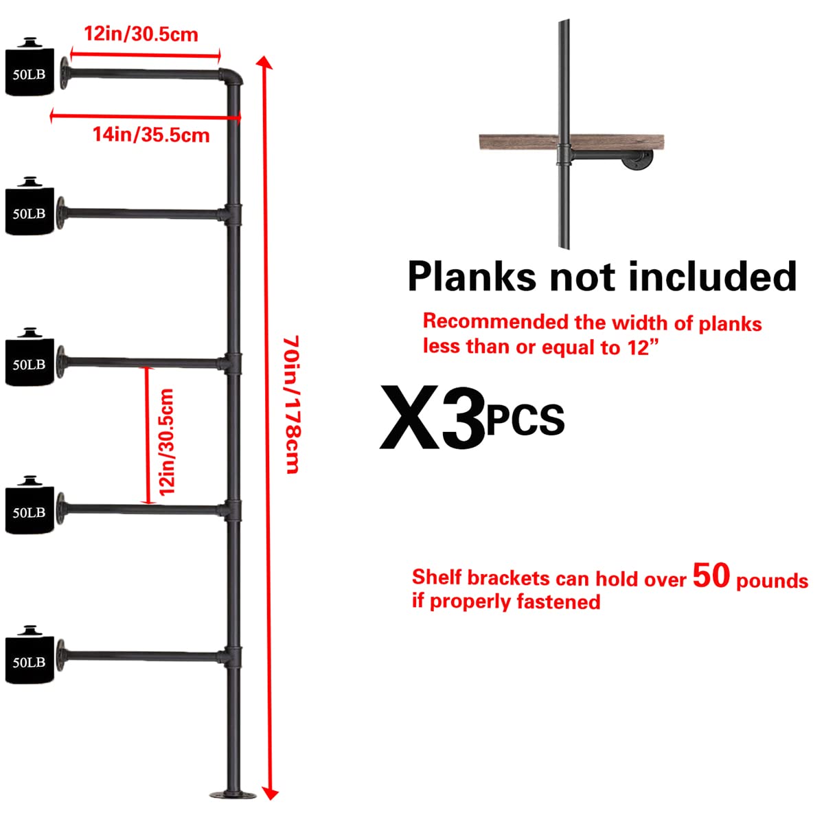 Industrial Wall Mount Iron Pipe Shelf Bracket - Retro DIY Open Bookshelf & Storage Shelves (3PcsX5Tier, 70