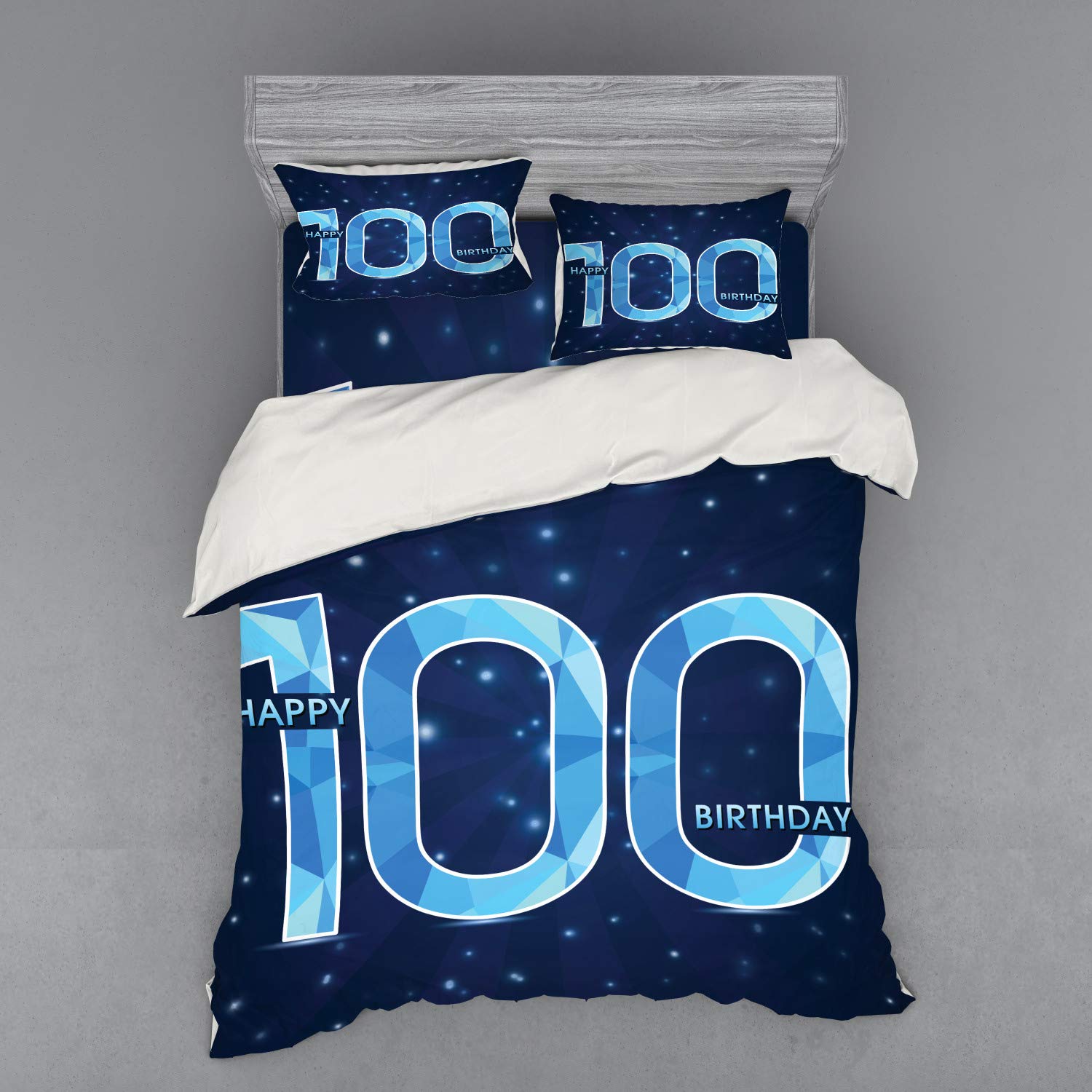 Ambesonne 100th Birthday Duvet Cover Set - 4 Piece Queen Size Bedding with Shams & Fitted Sheet - Sky Blue & Navy Blue Vintage Print for Grandparents' Century Celebration - Perfect for Milestone Birthday Parties & Special Occasion Gift