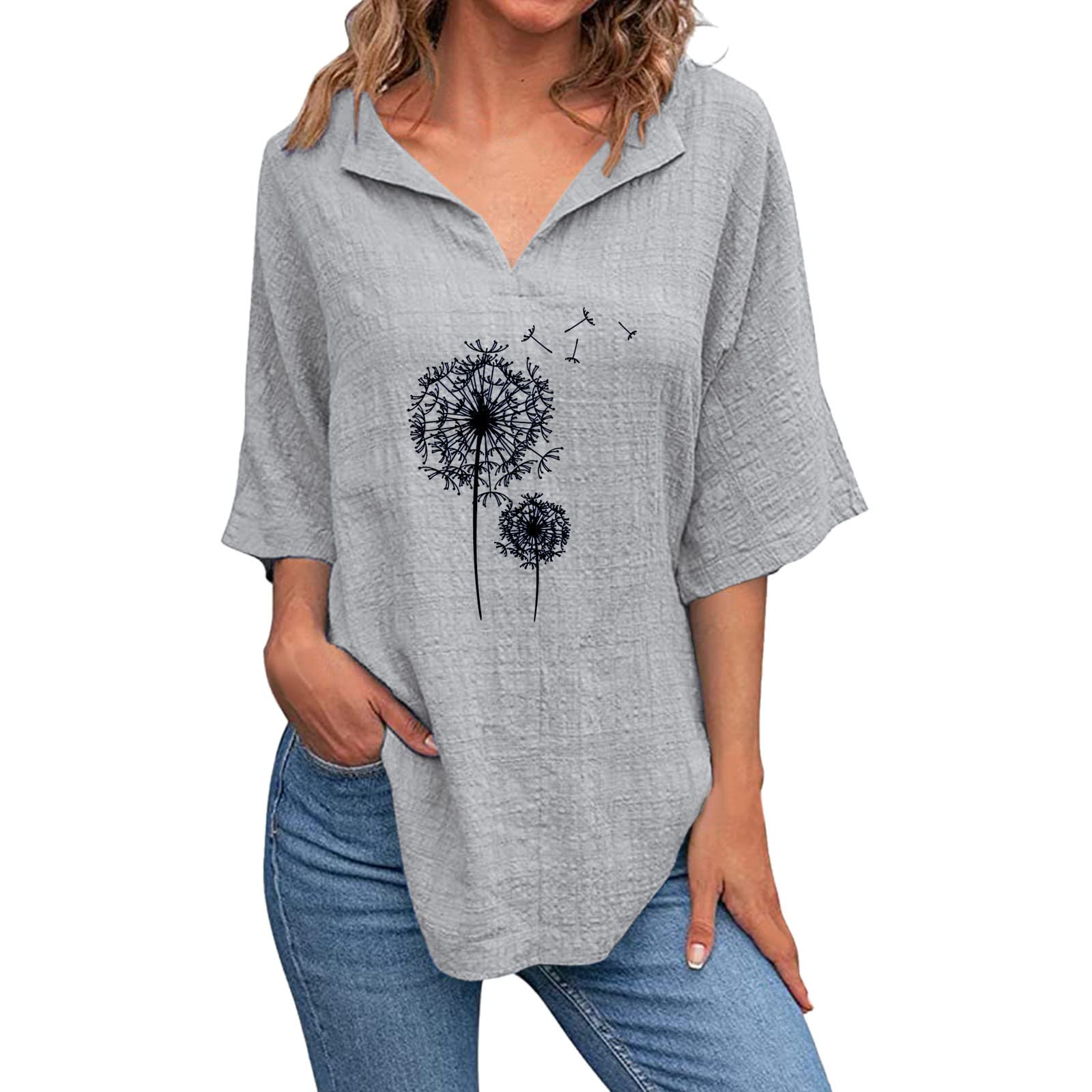 Women's Dandelion Print V-Neck Short Sleeve Cotton Linen Blouse - Breathable Summer T-Shirt for Casual Wear, Office & Outdoor Activities