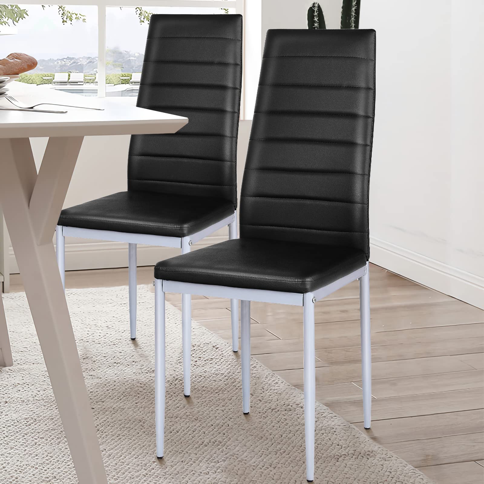 KOTEK PU Leather Dining Chairs Set of 4 - Ergonomic High Back Upholstered Side Chairs with Sturdy Steel Frame - Perfect for Kitchen, Dining Room, Restaurant & Office Use (Black)