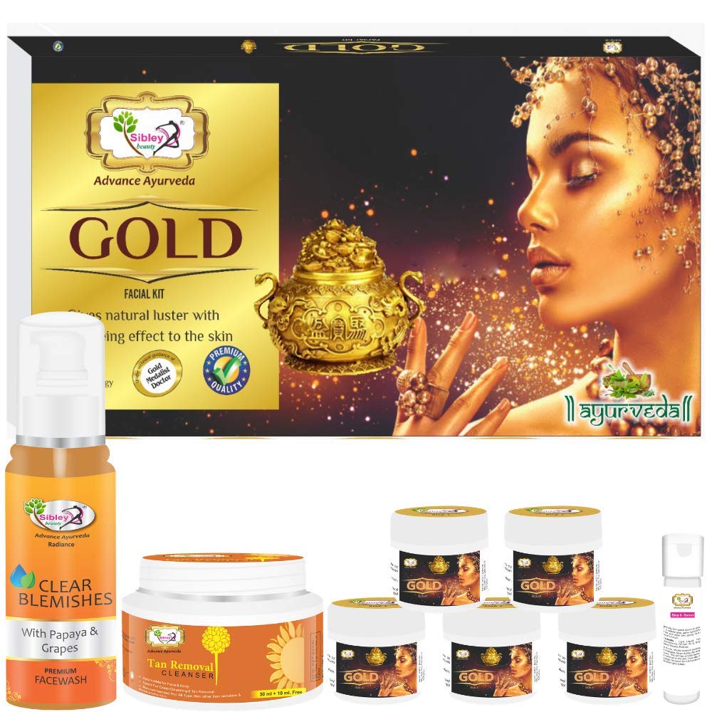 Sibley Beauty Gold Facial Kit with Papaya Face Wash & De Tan Cleanser - 155gm Gold Facial + 10ml Serum, 100ml Face Wash, 60gm Cleanser - For Men & Women, All Skin Types (Normal, Oily, Dry, Combination) - Perfect for Daily Skincare Routine & Glowing Skin