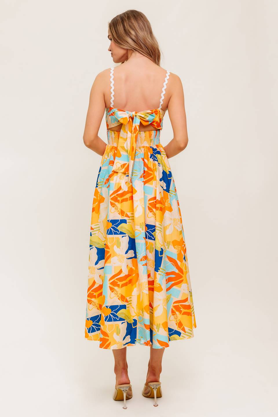MERRITT MIDI DRESS - Floral Print Orange & Blue Summer Dress for Women | Perfect for Beach Vacations, Date Nights & Casual Outings