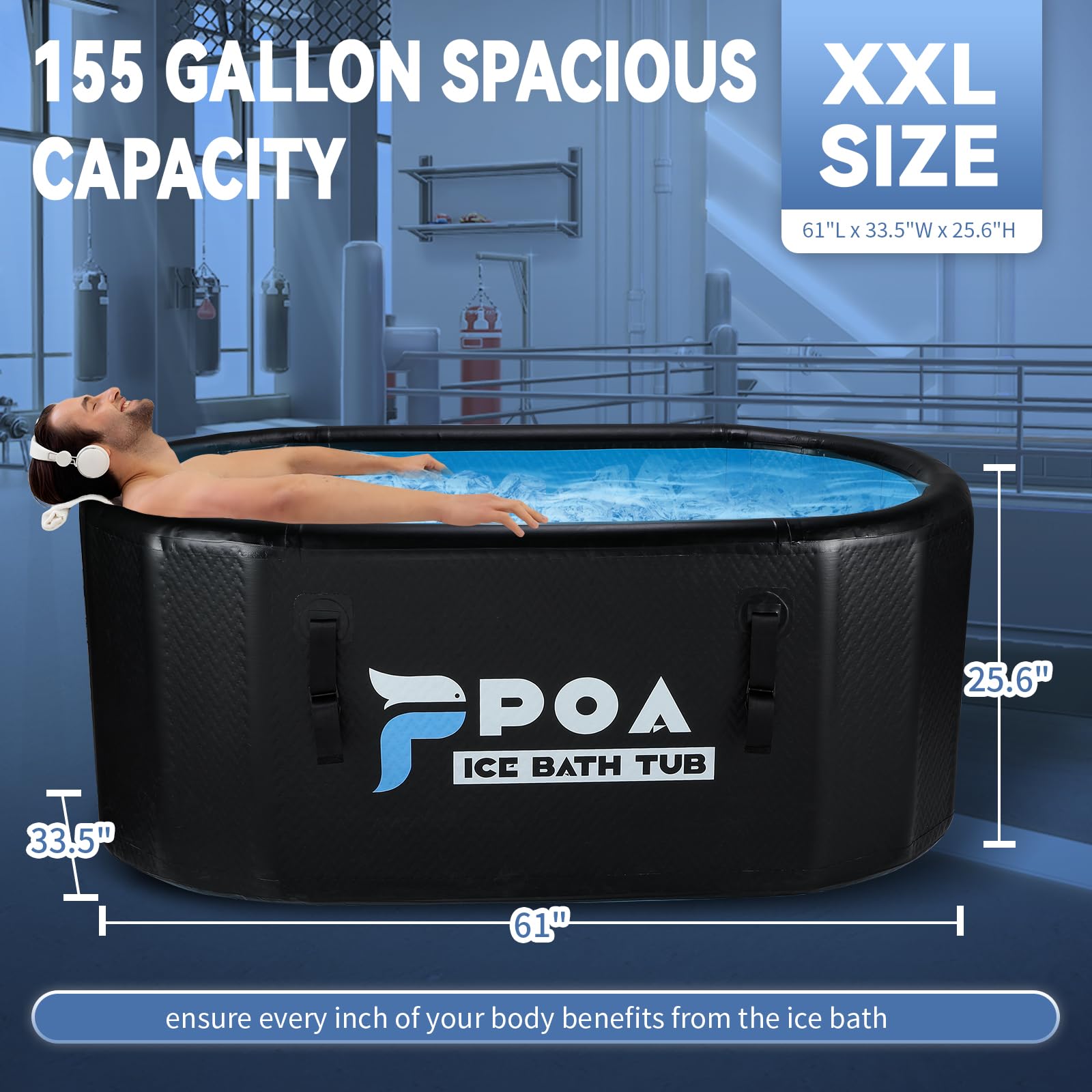 Poafamx XXL Inflatable Ice Bath Tub - 155 Gallon Portable Cold Plunge Tub for Athletes with Insulated Cover | Cold Water Therapy for Muscle Recovery, Post-Workout Relief | Indoor & Outdoor Use (Black)
