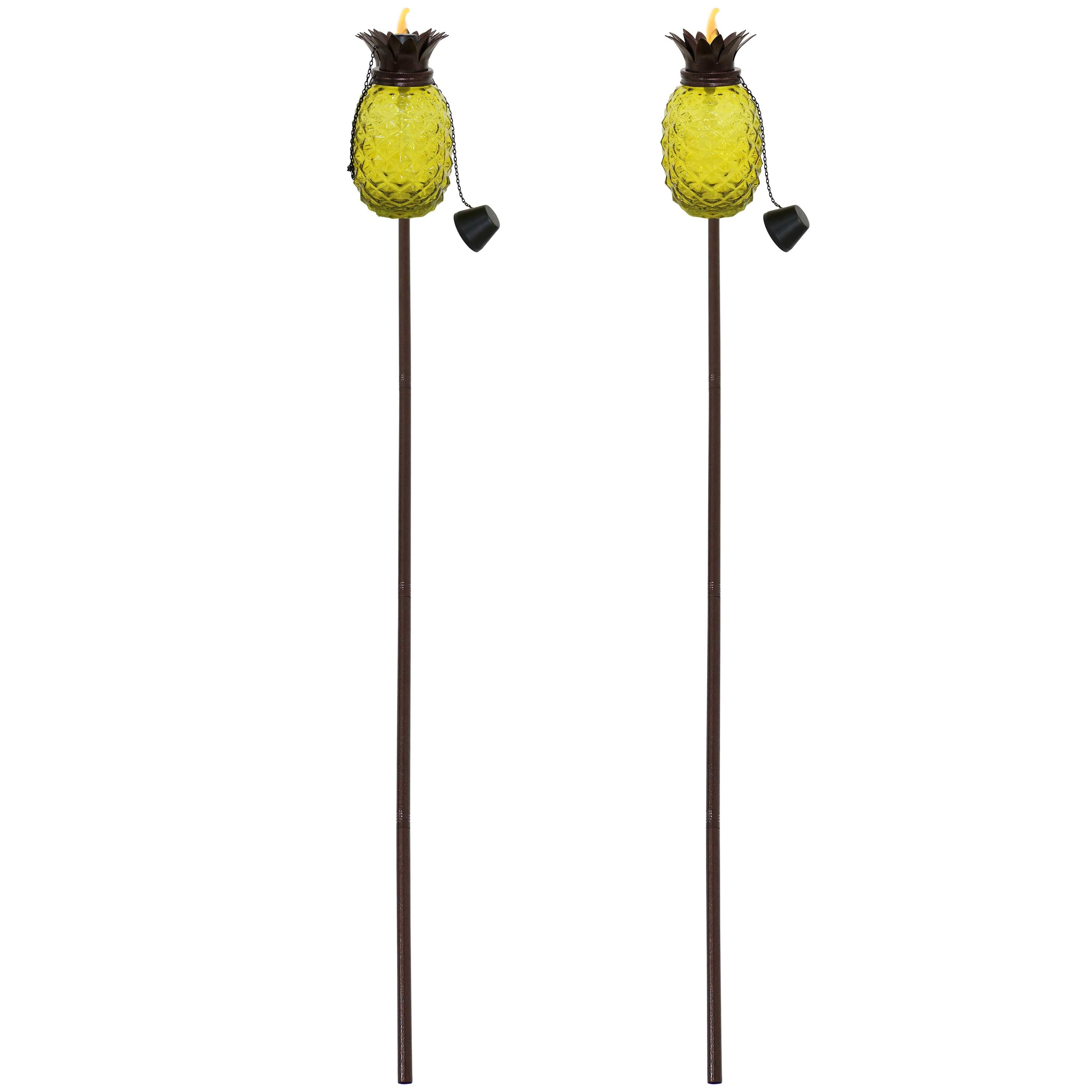 Tropical Pineapple Glass Outdoor Torches Set of 2 - 3-in-1 Solar, LED & Flame Torch Lights for Patio, Garden & Poolside Decor