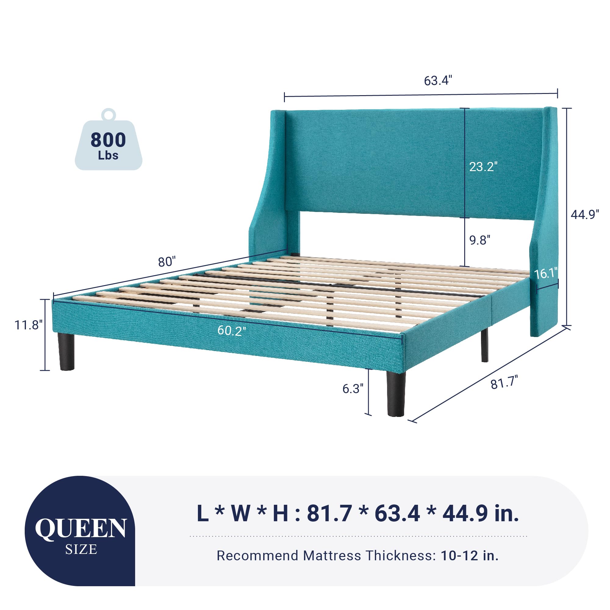 Allewie Queen Size Platform Bed Frame with Upholstered Headboard - Modern Wingback Design, Wood Slat Support & Mattress Foundation in Peacock Green | Perfect for Master Bedrooms, Guest Rooms & Modern Apartments
