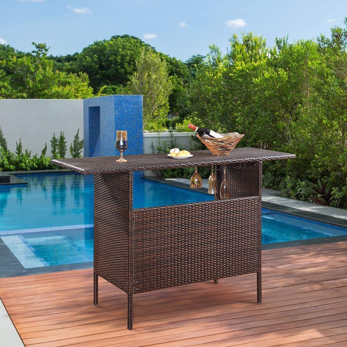 Premium Outdoor Rattan Bar Table with 2 Steel Wicker Storage Shelves & Cup Holders - Patio, Garden, Balcony, Poolside Lounge Furniture for Drinks & Entertaining