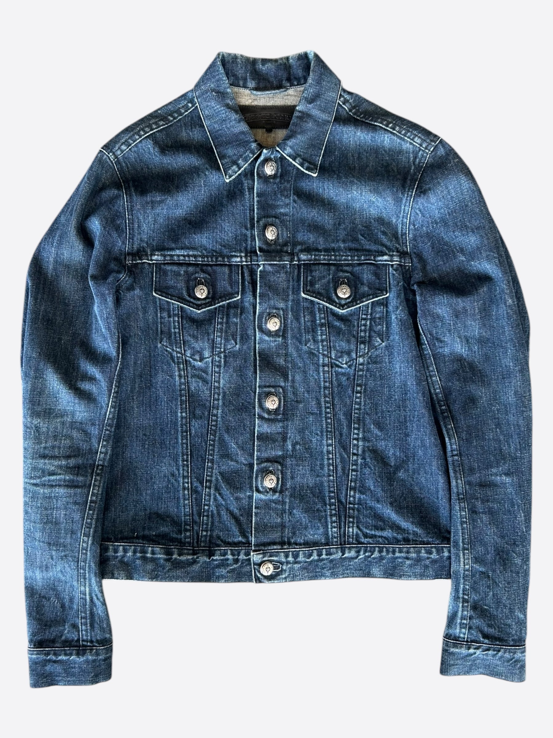 Chrome Hearts Blue Cross Patch Denim Jacket for Men & Women | Vintage Distressed Biker Style | Perfect for Streetwear, Concerts & Night Out