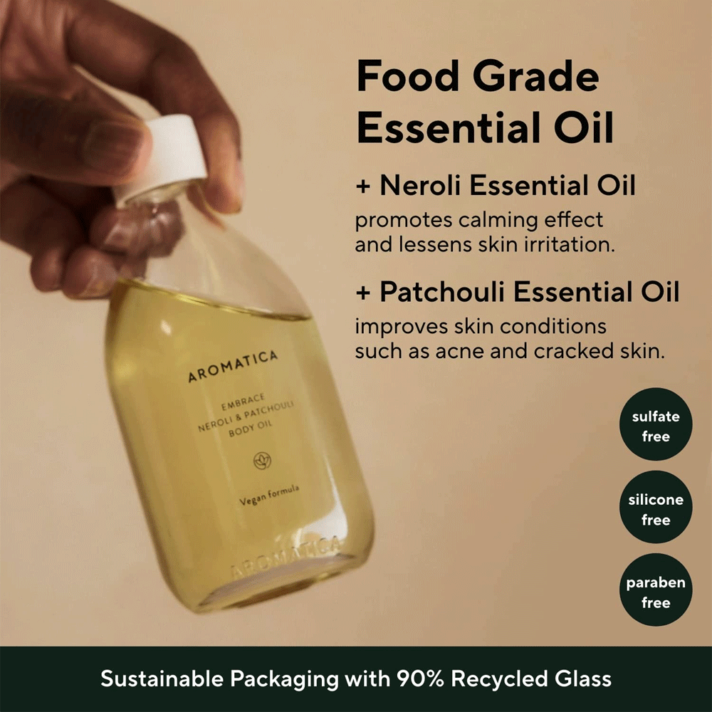 AROMATICA Embrace Body Oil - Neroli & Patchouli Scent, 100ml | Hydrating & Relaxing Moisturizer for Dry Skin | Perfect for Massage, Aromatherapy & Self-Care Rituals