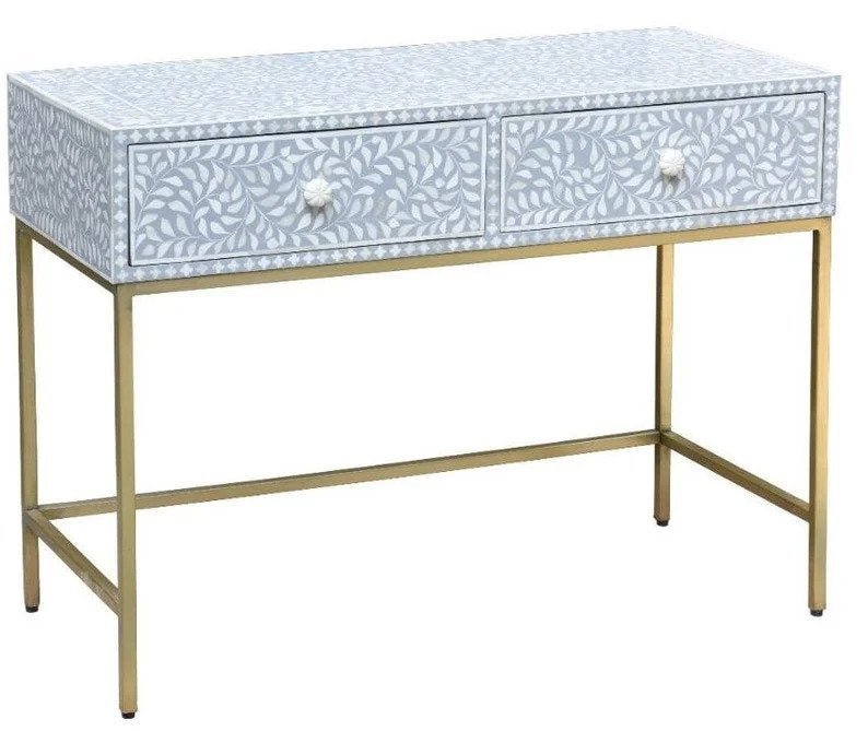 Handmade Floral Design Bone Inlay Console Table with Two Drawers in Grey - Elegant Entryway Table for Hallway, Living Room & Foyer Decor | Perfect for Home, Office & Luxury Interior Design