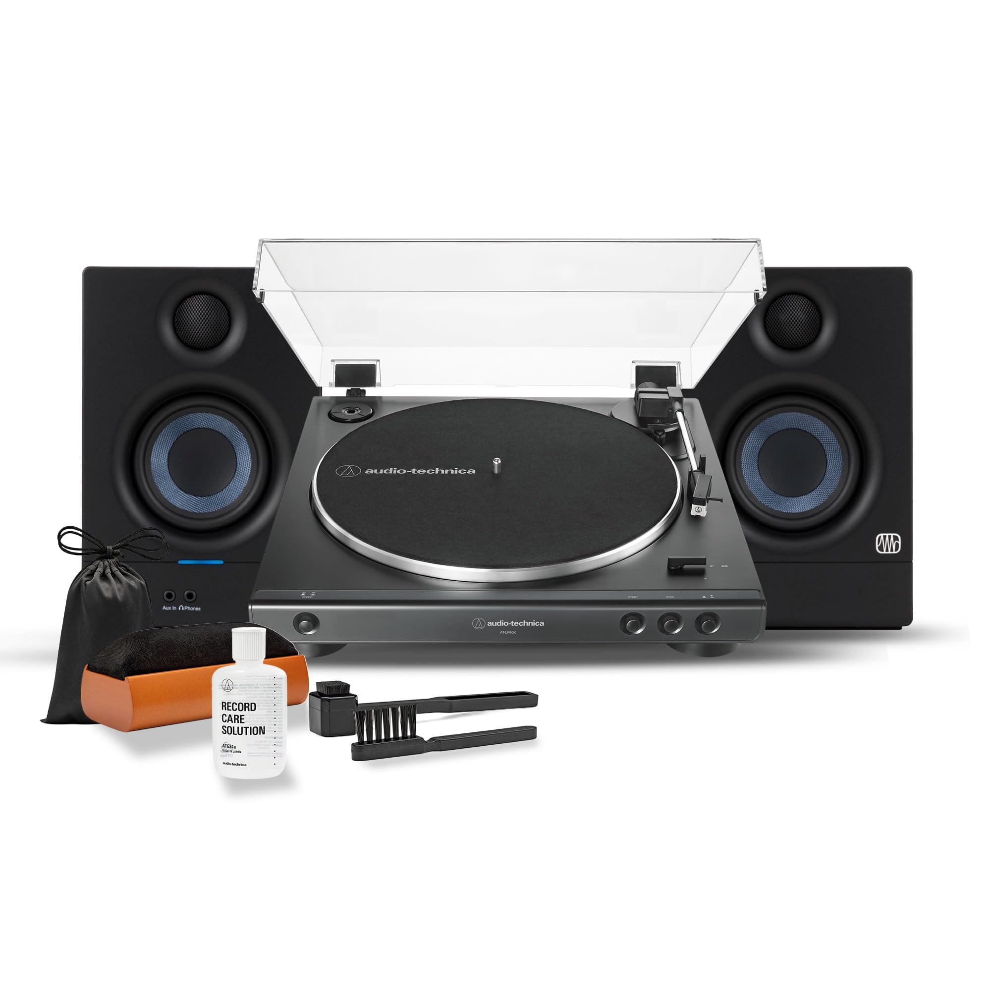 Audio-Technica AT-LP60X-BK Automatic Belt-Drive Turntable with Eris 3.5 Studio Monitors & Vinyl Cleaning Kit - Perfect for Home Music Listening & Vinyl Record Collection Setup