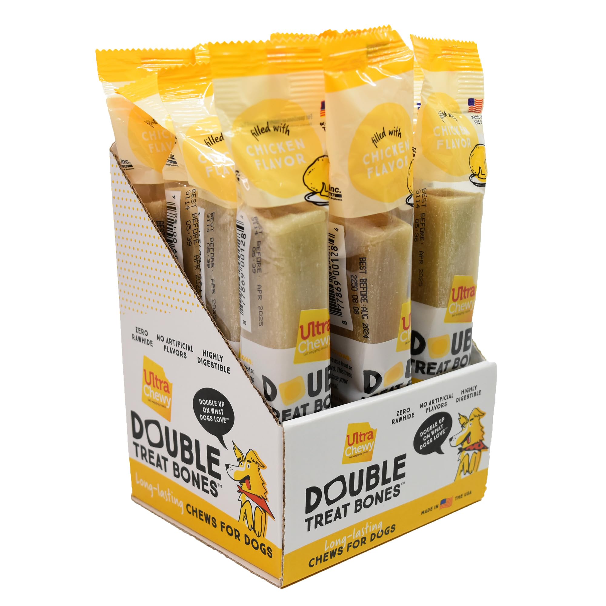 Premium Long-Lasting Chewy Chicken Double Treat Bones for Dogs - Made in USA, Highly Digestible Natural Dog Treats for Small & Large Breeds, Aggressive Chewers - Perfect for Training Rewards & Dental Health (12 Count)