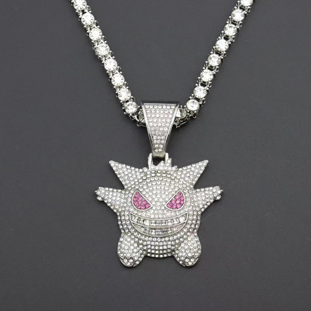 22 Gengar Pendant Necklace - Moissanite Cuban Tennis Chain with Iced Out Links | Perfect for Cosplay, Anime Conventions & Streetwear Fashion