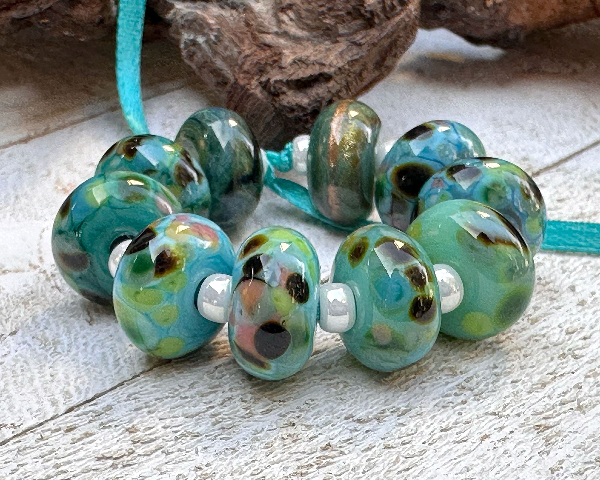 10 Teal Green Mosaics Lampwork Glass Beads Set for Jewelry Making - DIY Bracelet, Necklace & Craft Projects (SRA Certified)