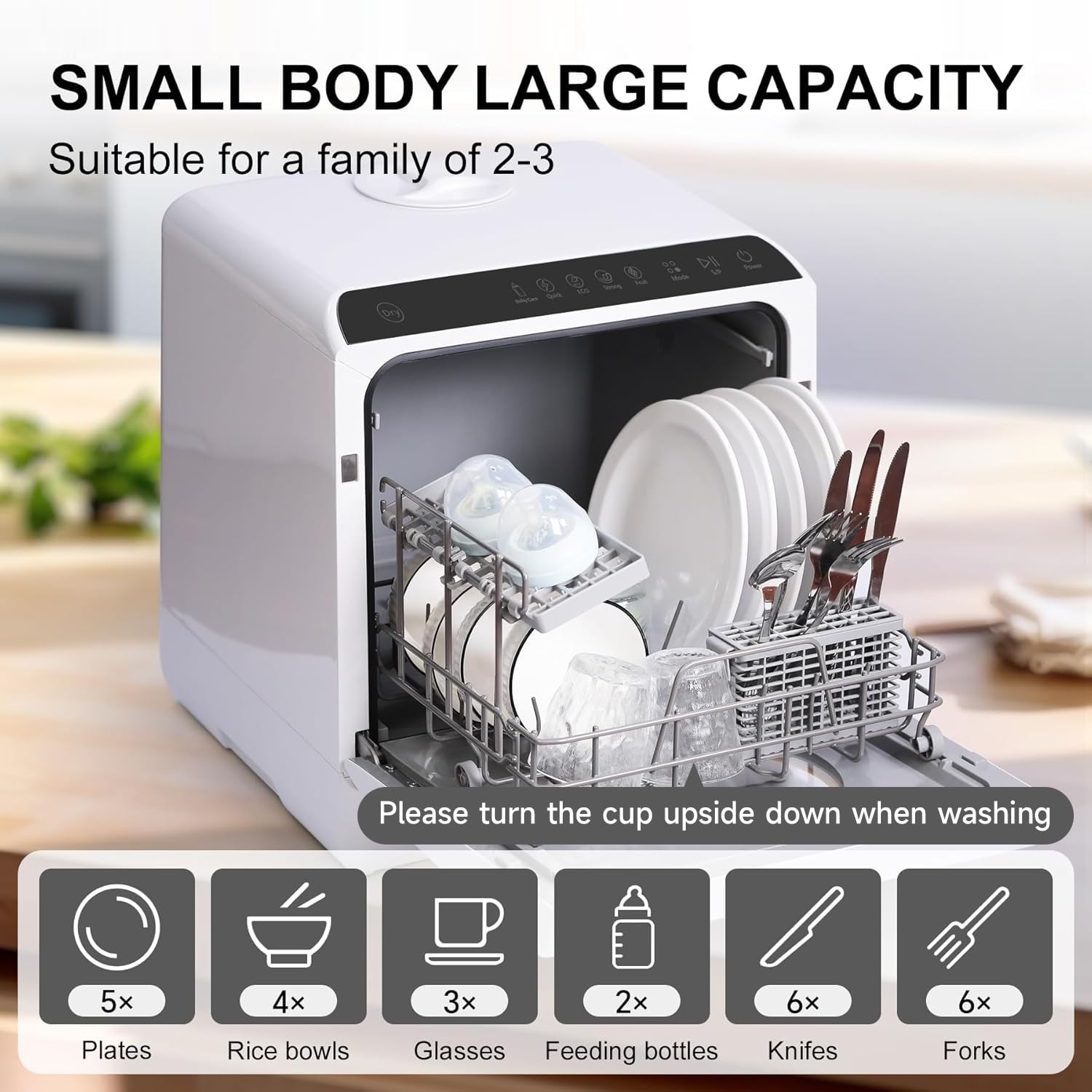 **Mini Countertop Dishwasher with Drying & Double Spray Arms – Portable Dishwasher with Water Tank, 6 Wash Programs – Ideal for Small Kitchens, Apartments & Washing Baby Bottles**