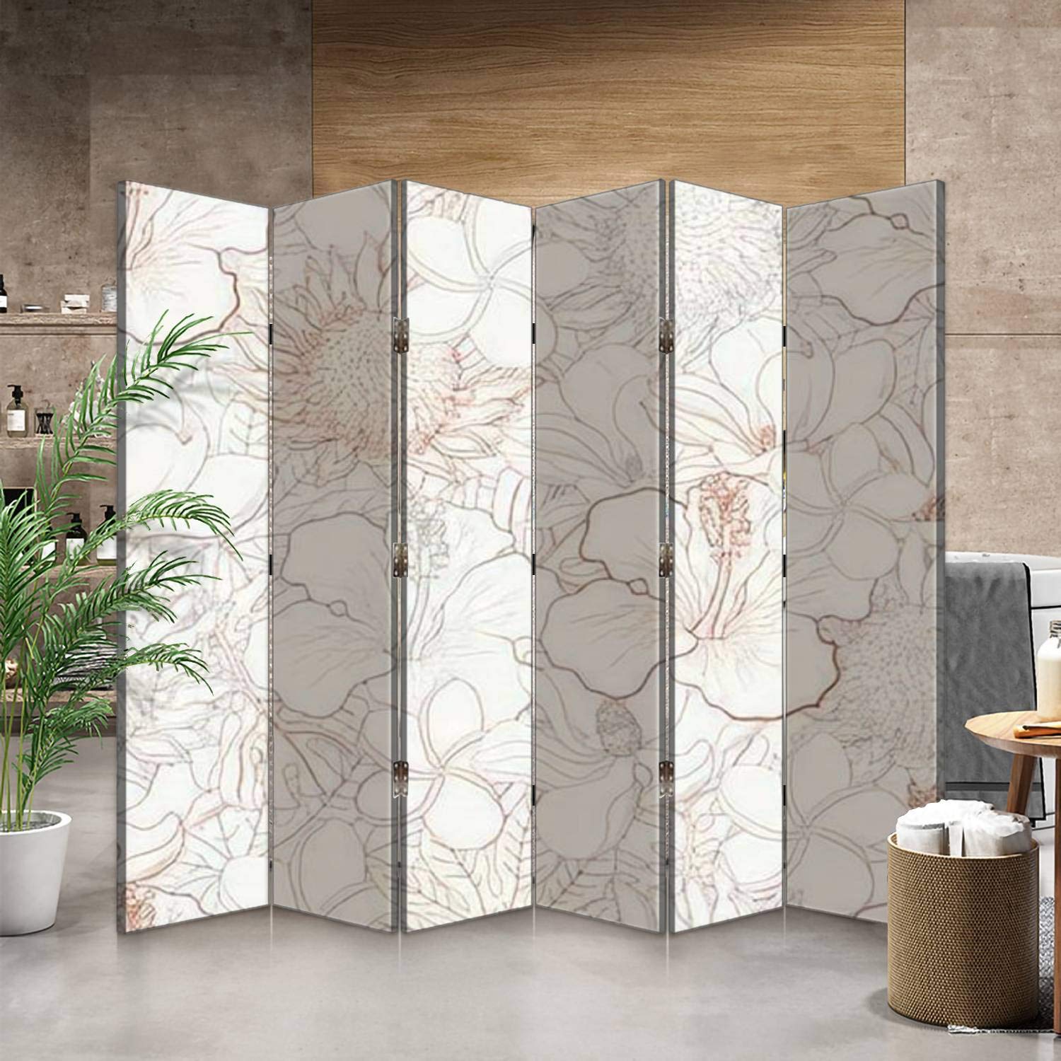 6-Panel Canvas Room Divider Screen with Tropical Flowers & Hand-Drawn White Exotic Blooms - Folding Privacy Partition for Bedroom, Office, and Living Room Spaces