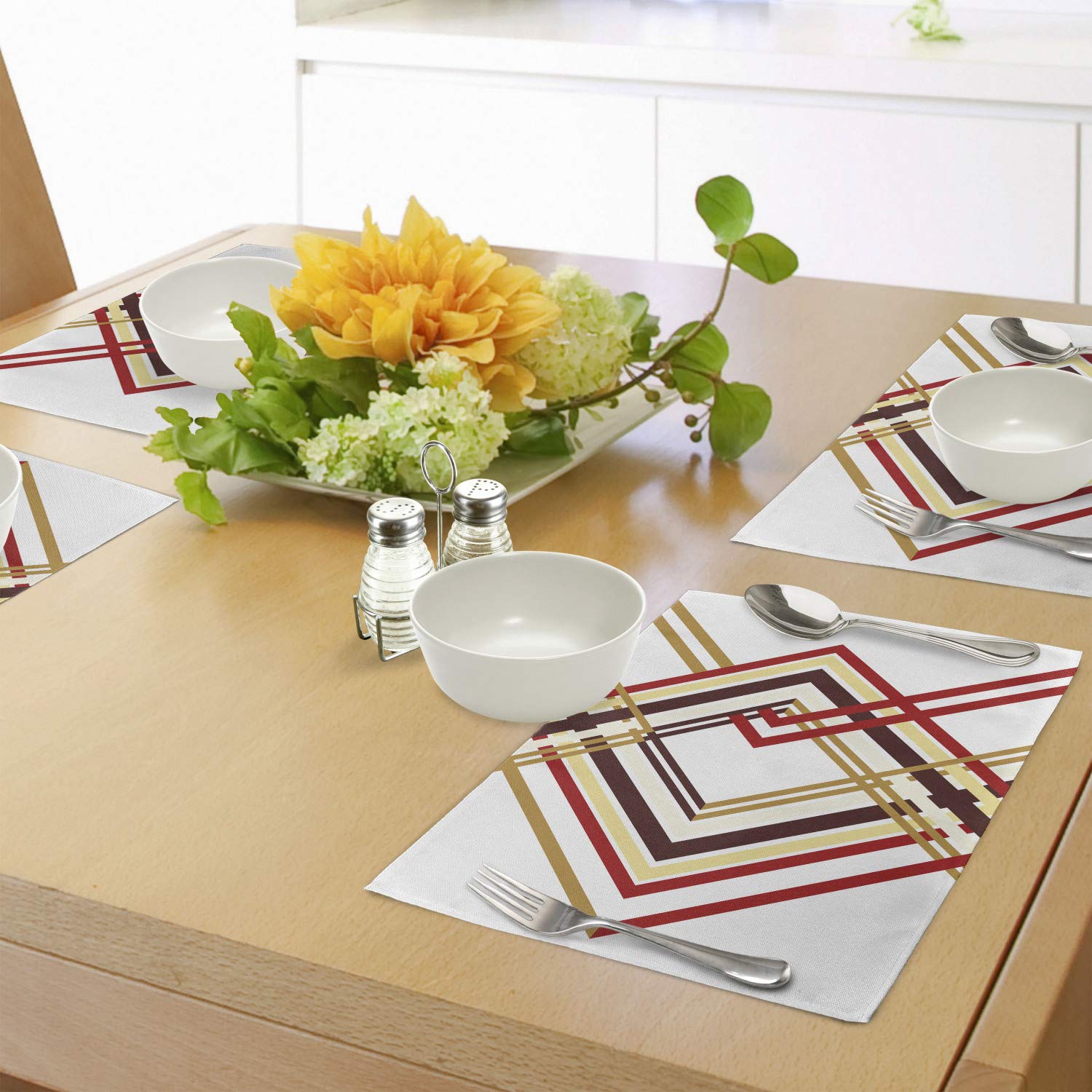 Ambesonne Modern Place Mats Set of 4 - Retro Diamond Border Geometric Design Washable Fabric Placemats for Dining Table & Kitchen Decor in Ruby Caramel Brown & Tan | Perfect for Dinner Parties, Holiday Meals & Everyday Use
