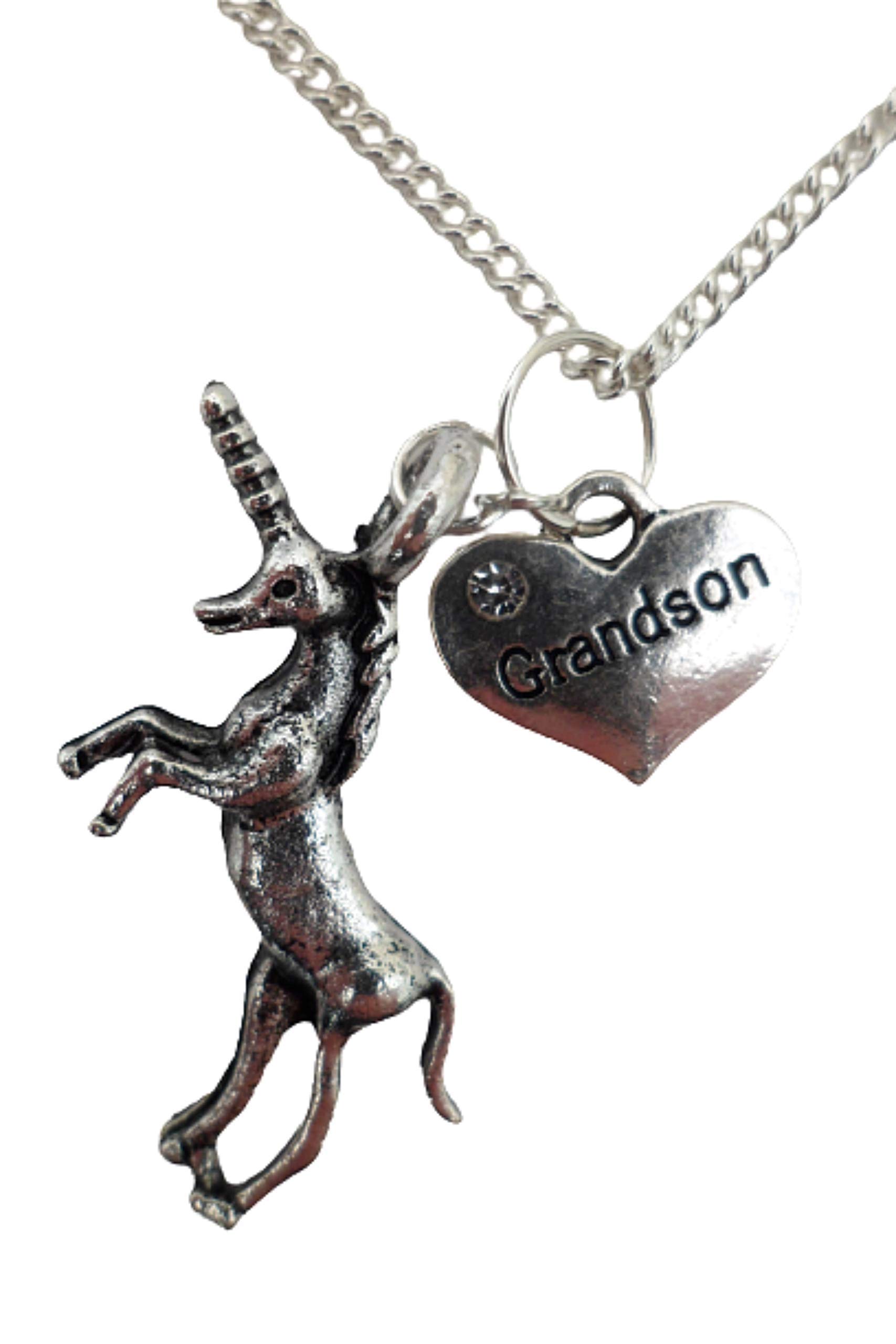 Sterling Silver Plated Heart Necklace for Grandson - Unicorn Gem Charm Pendant - Perfect for Birthdays, Graduation Gifts & Special Occasions
