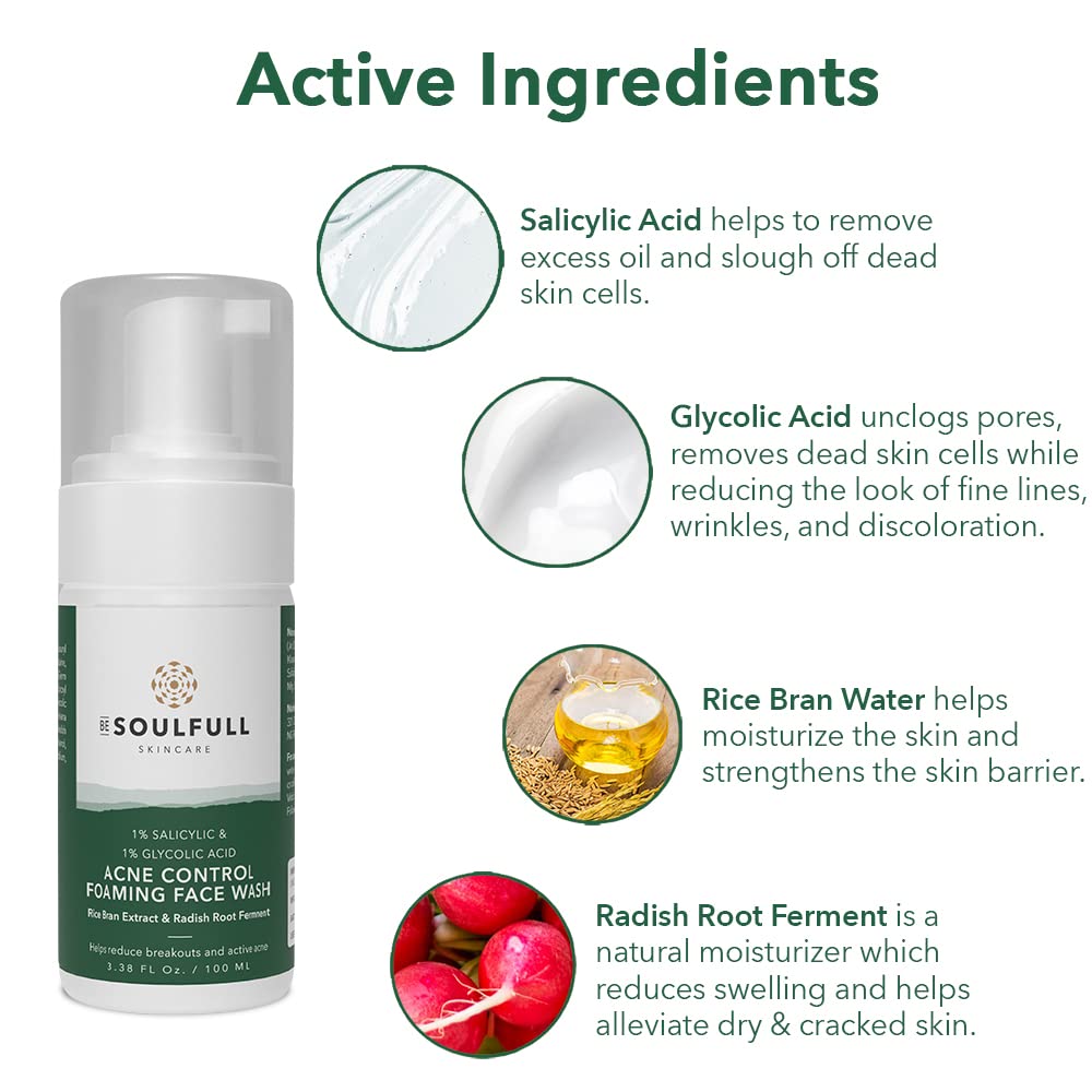 BE SOULFULL Acne Foaming Face Wash with 1% Salicylic Acid & Glycolic Acid - Oil Control & Exfoliating Daily Face Wash for Acne Prone Skin - Reduces Pores & Dead Skin Cells - 100ml - Perfect for Morning & Night Skincare Routine