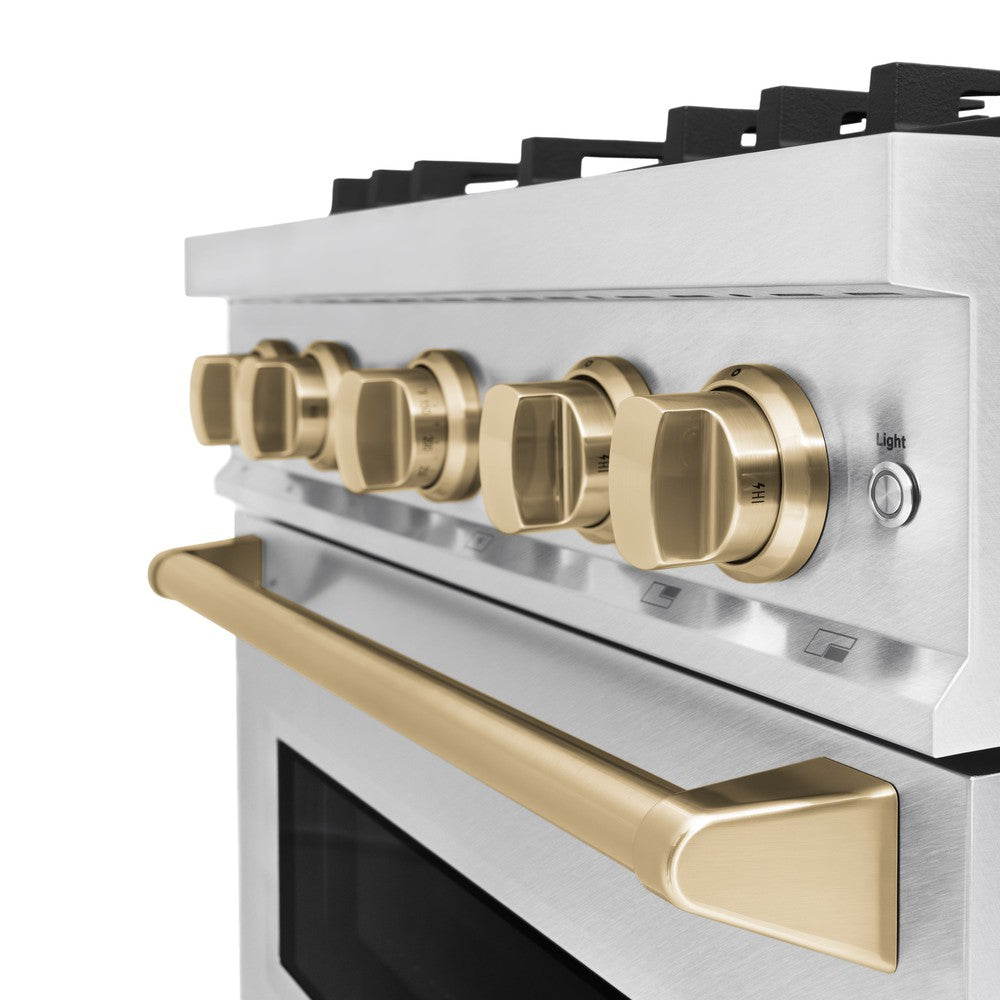 ZLINE Autograph Edition 30-inch 4.2 cu. ft. Classic Gas Range with 4 Burner Cooktop & Convection Gas Oven - Satin Stainless Steel with Champagne Bronze Accents (CGRSZ 30 CB) | Perfect for Home Kitchens & Professional Cooking