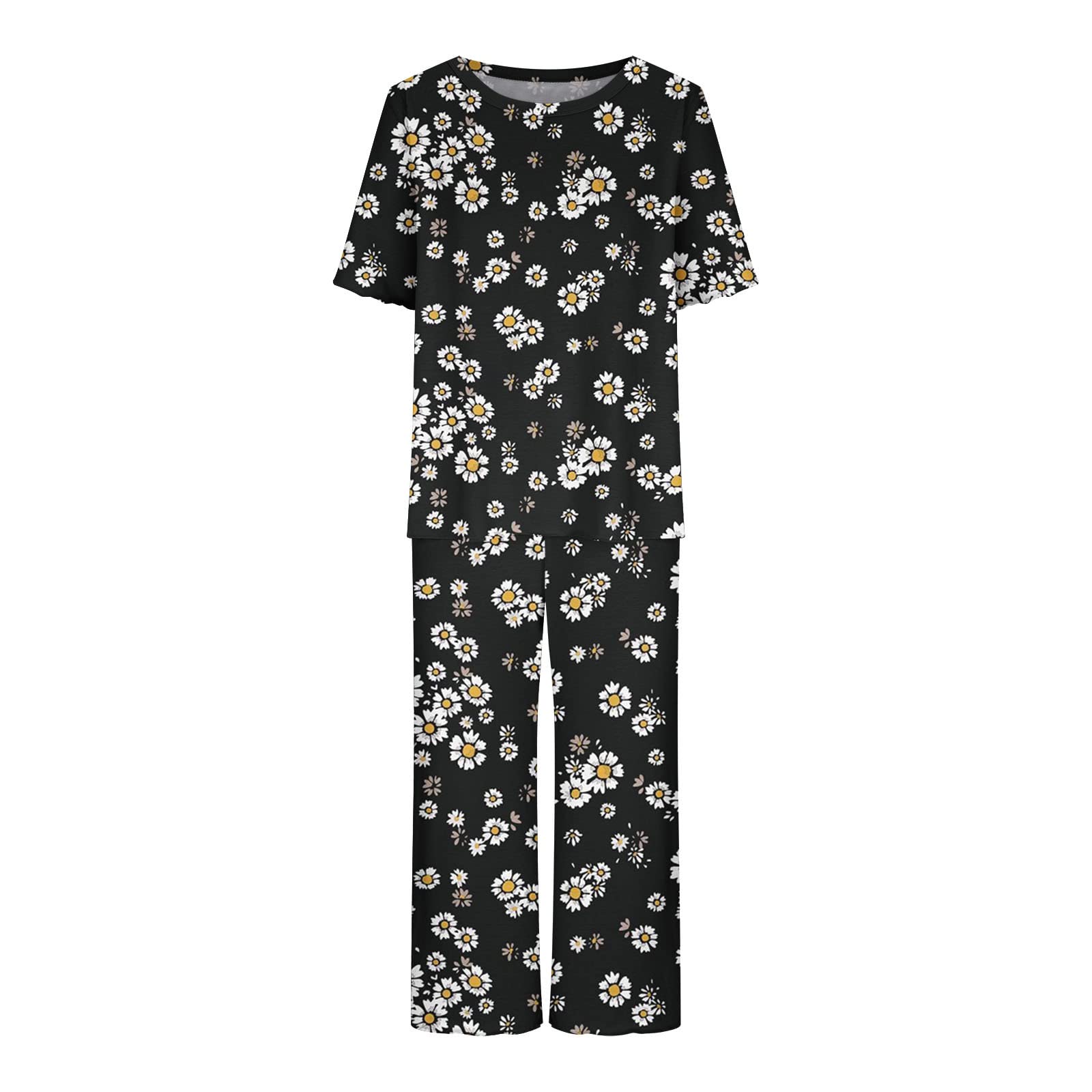 Kinrui Women's Capri Lounge Set - Short Sleeve Round Neck Top & Capri Pants 2-Piece Bohemian Pajama Outfit | Comfortable Sleepwear for Home, Yoga & Relaxation