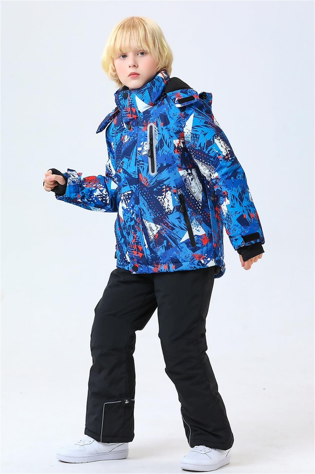 WOWULOVELY Boys' 2-Piece Colorblock Snow Pants & Jacket Set - Waterproof Winter Snowsuit for Skiing, Snowboarding & Outdoor Activities