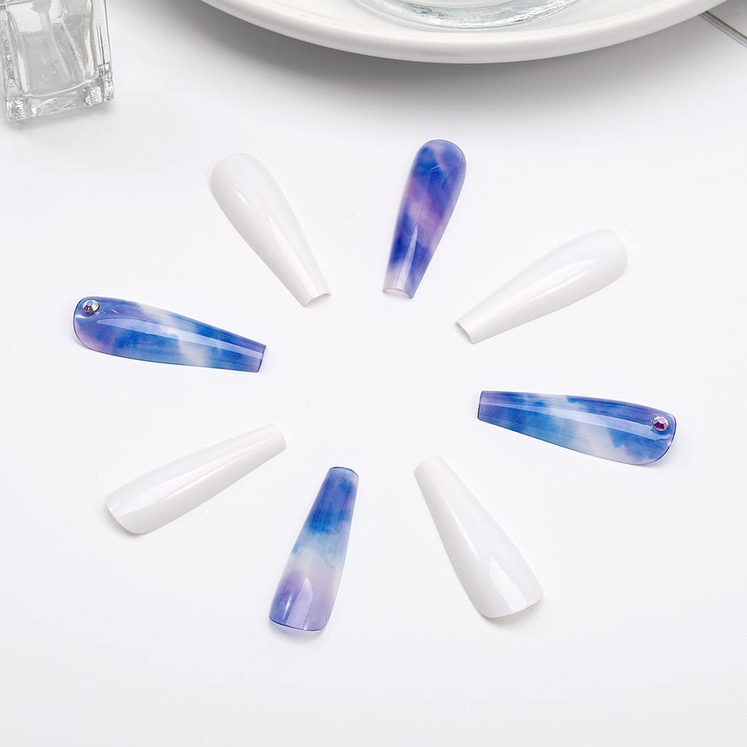 Glossy Purple Press on Nails Long Coffin Shape with Marble Design & Glitter Rhinestones - 24Pcs Full Cover False Nails for Women & Girls - Perfect for Parties, Weddings, and Special Occasions
