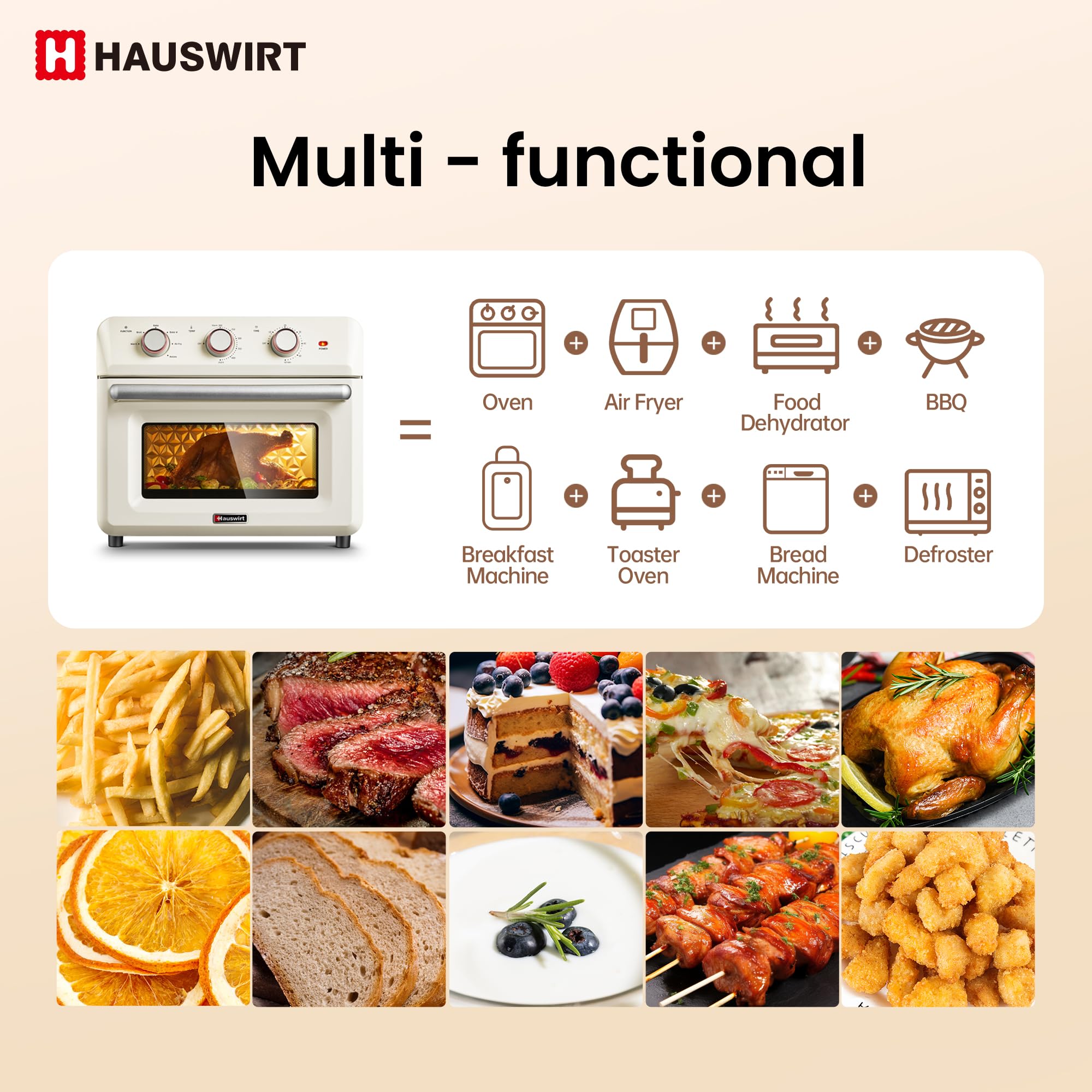 Hauswirt K5M 26.5QT Air Fryer Toaster Oven Combo with Rotisserie Kit - XL Large Retro Oven for 3-4 People, 6-Slice Toaster, 12