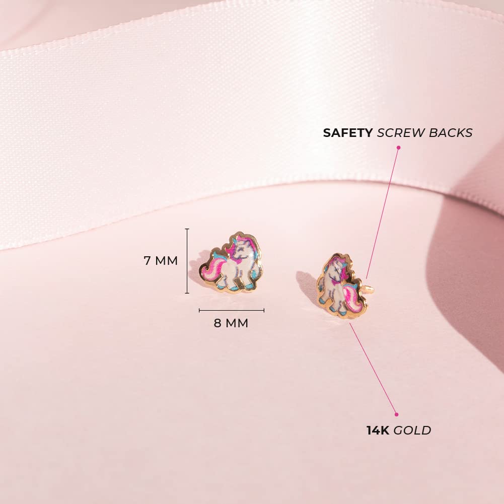 14K Yellow Gold Rainbow Unicorn Screw Back Earrings for Girls - Hand-Painted Enamel Princess Earrings for Toddlers & Teens | Perfect for Birthday Gifts, Party Wear & Everyday Fashion Accessories