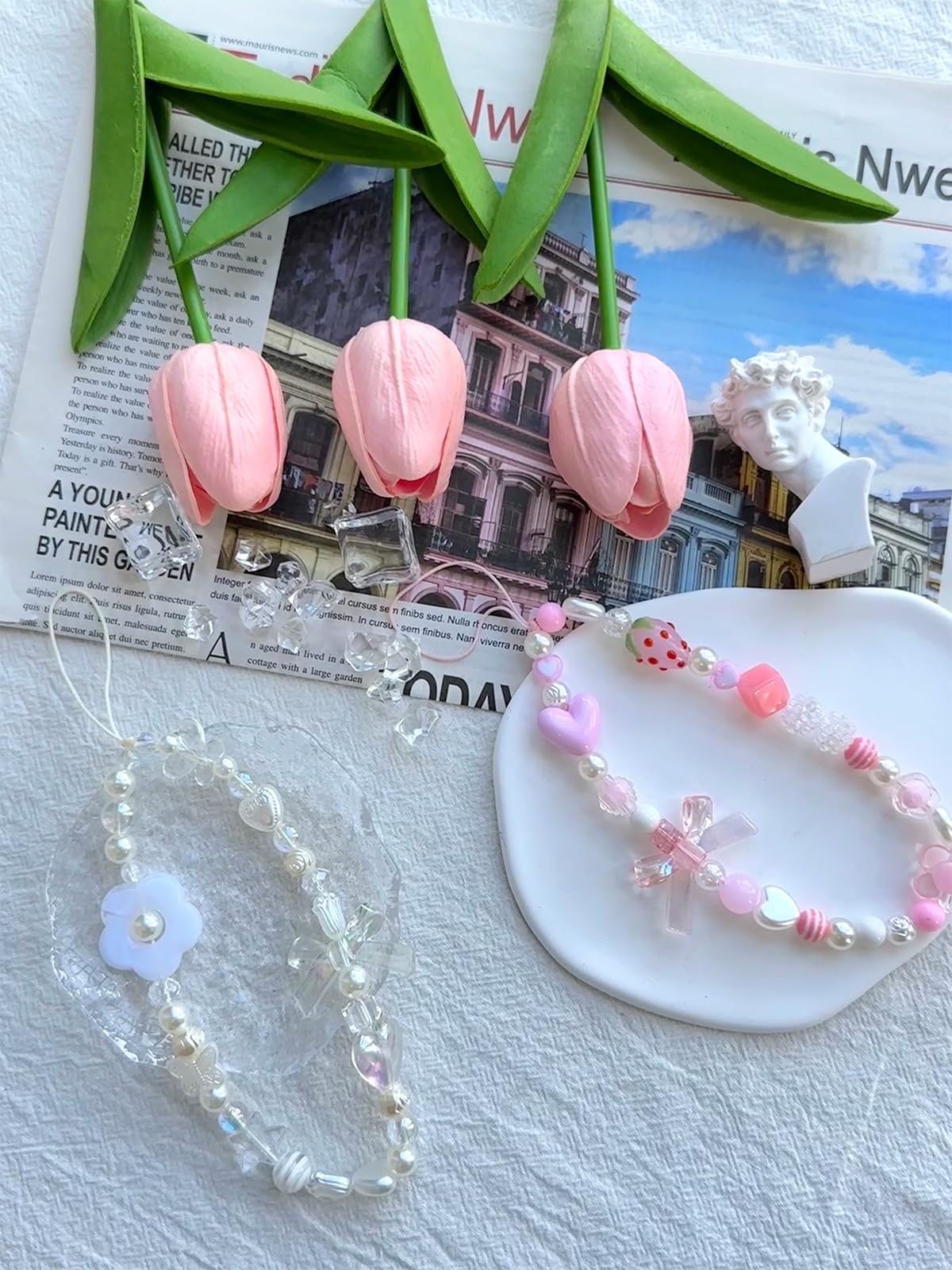 Cute Strawberry Phone Charms with Bowknot Heart - Aesthetic Beaded Phone Strap for iPhone, Samsung, AirPods & Keys - Kawaii Pink/White Accessory for Girls, Teens & Women (Perfect for School, Work & Travel)