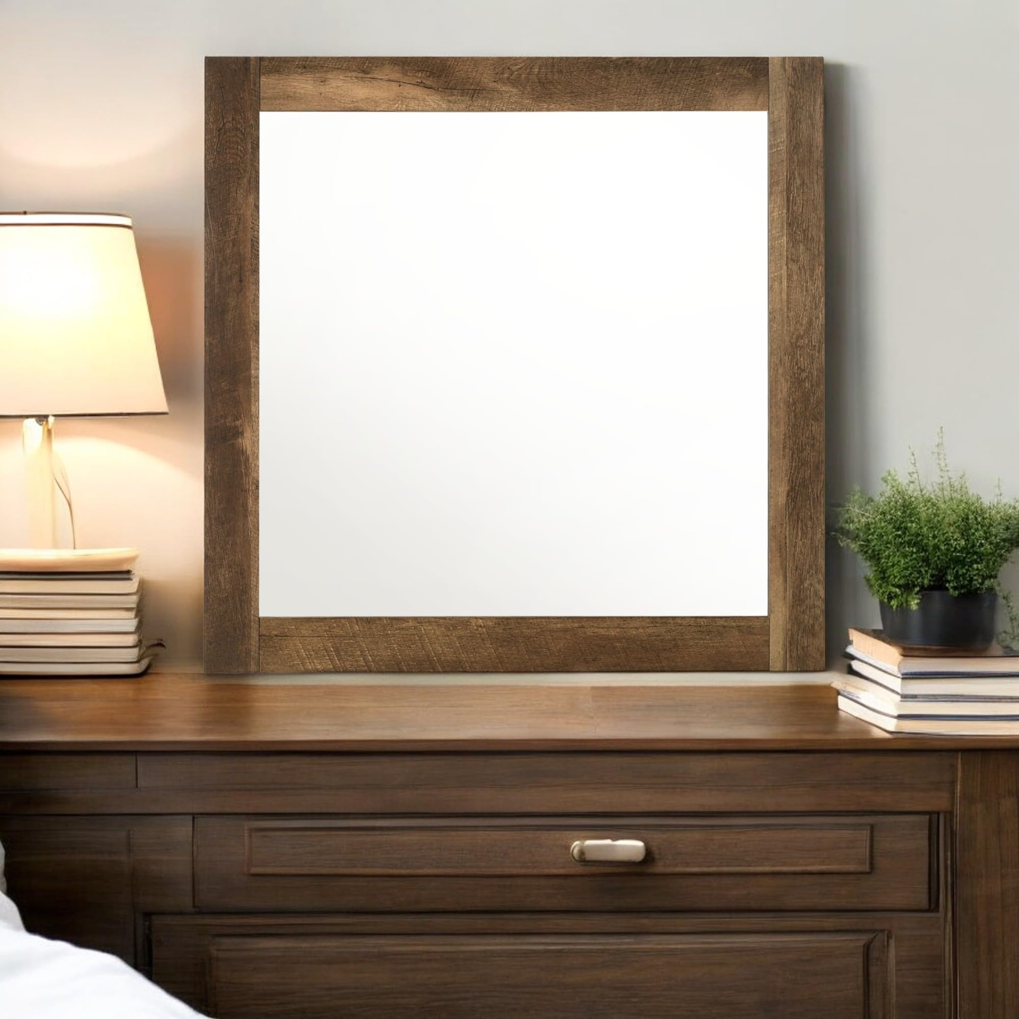 Acme Morales Square Dresser Mirror with Solid Wood Frame in Rustic Oak Finish - Perfect for Bedroom Vanity, Entryway Decor & Farmhouse Style Home