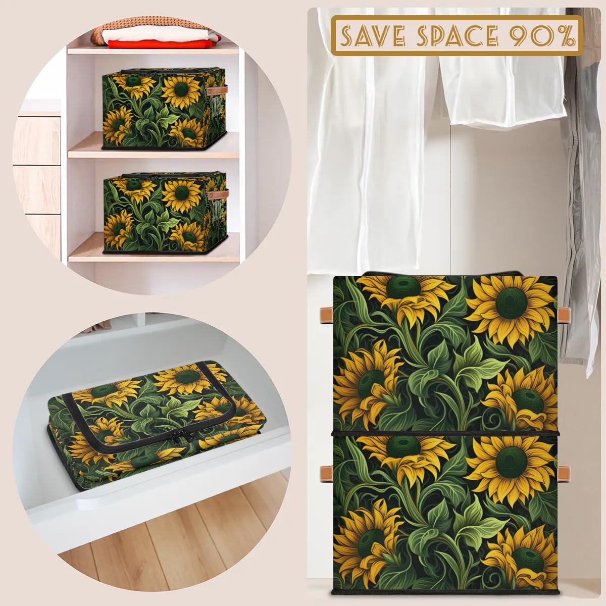 Collapsible Stackable Storage Bins with Lids - Cartoon Sunflower Design Fabric Closet Organizer for Clothes, Toys, Blankets | Space-Saving Home & Office Storage Solution for Bedroom, Kids Room & Dorm Organization