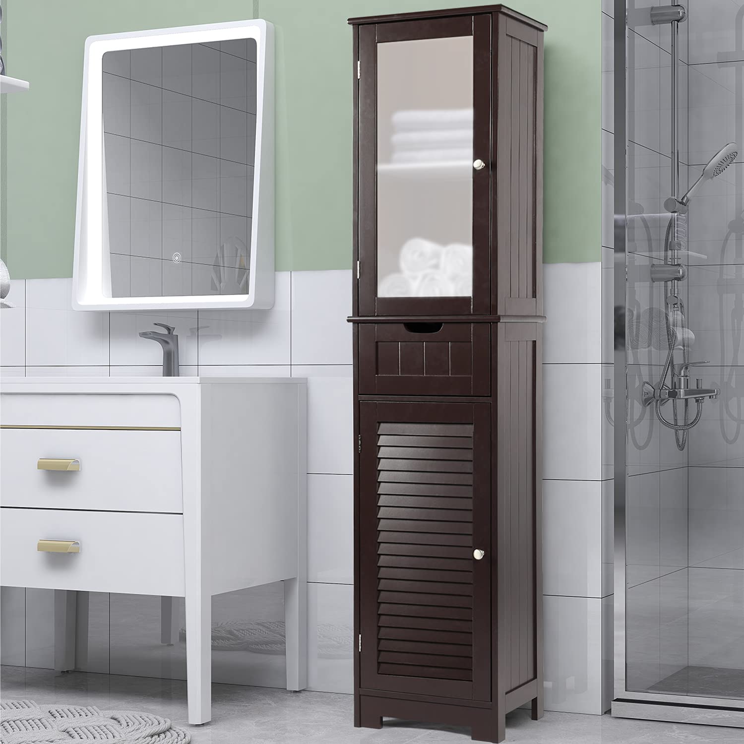 Freestanding Wooden Bathroom Storage Cabinet with Glass Shutter Doors & Adjustable Shelves - Tall Linen Organizer for Bathroom, Bedroom or Laundry Room (Dark Brown) - Perfect for Towels, Toiletries & Home Organization