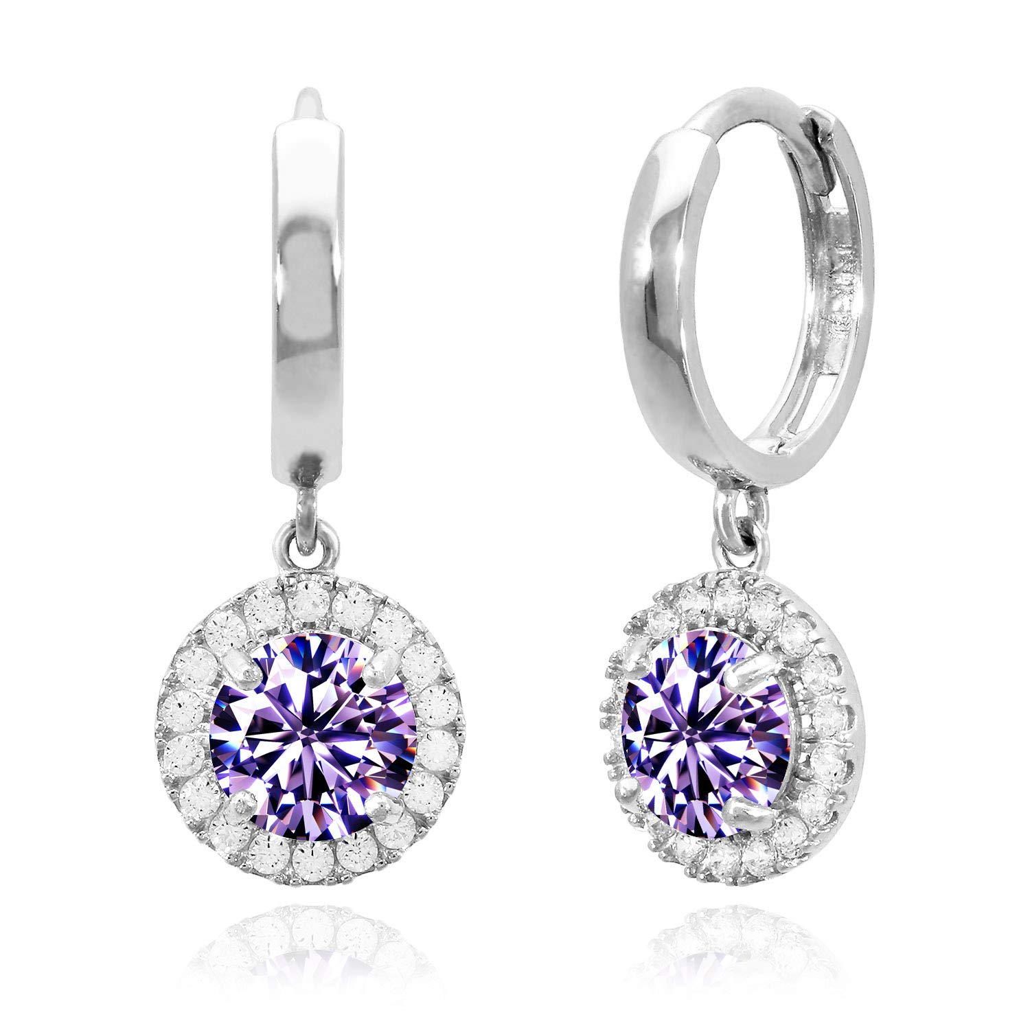 14K White Gold Halo Dangle Simulated Diamond Gemstone Huggie Hoop Earrings for Women - Elegant Everyday Jewelry Gift for Brides, Party & Special Occasions