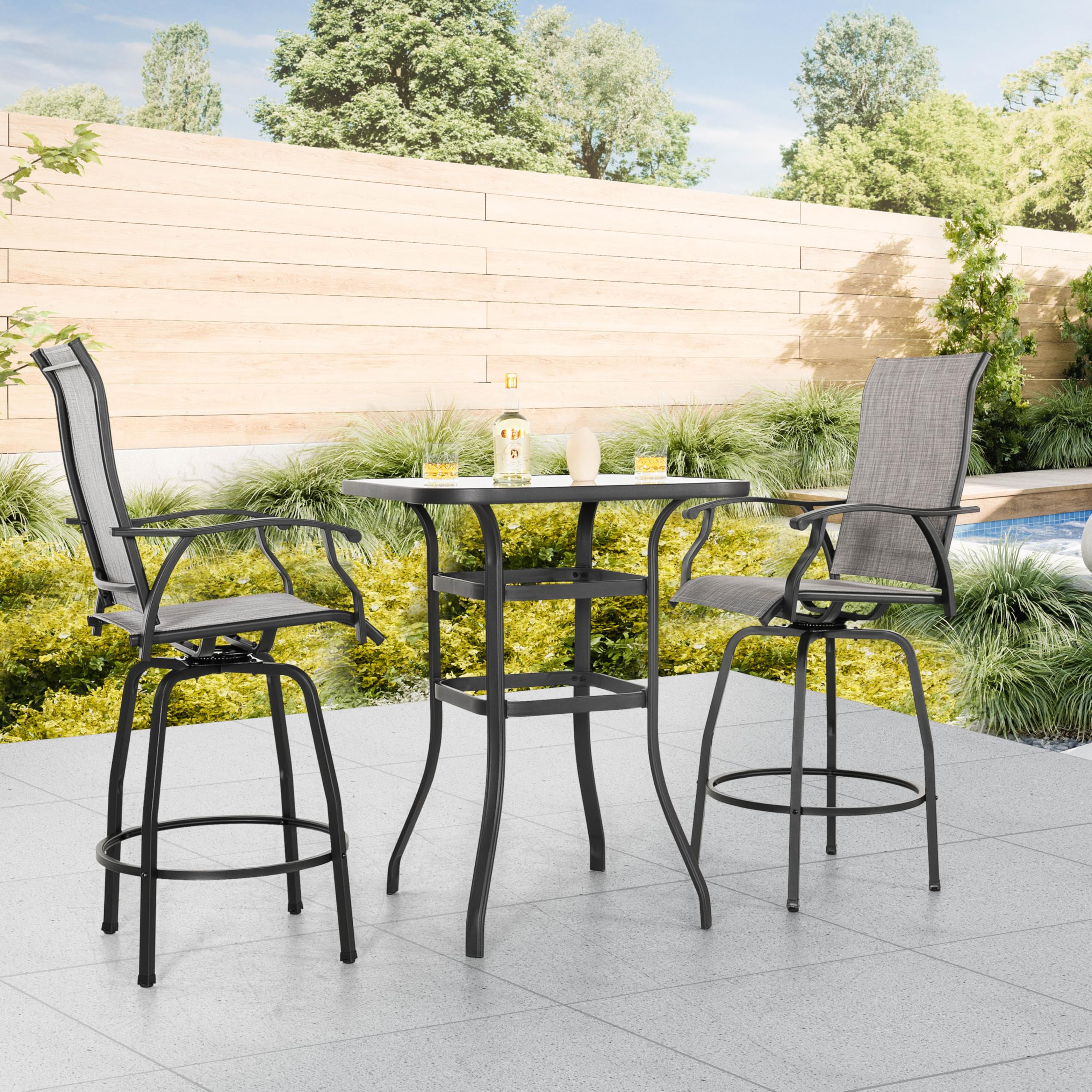 NUU GARDEN 3-Piece Outdoor Patio Bar Set with Tempered Glass Table & Swivel Bar Stools - Gray and Black Patio Furniture for Garden, Backyard, Deck or Poolside Relaxation