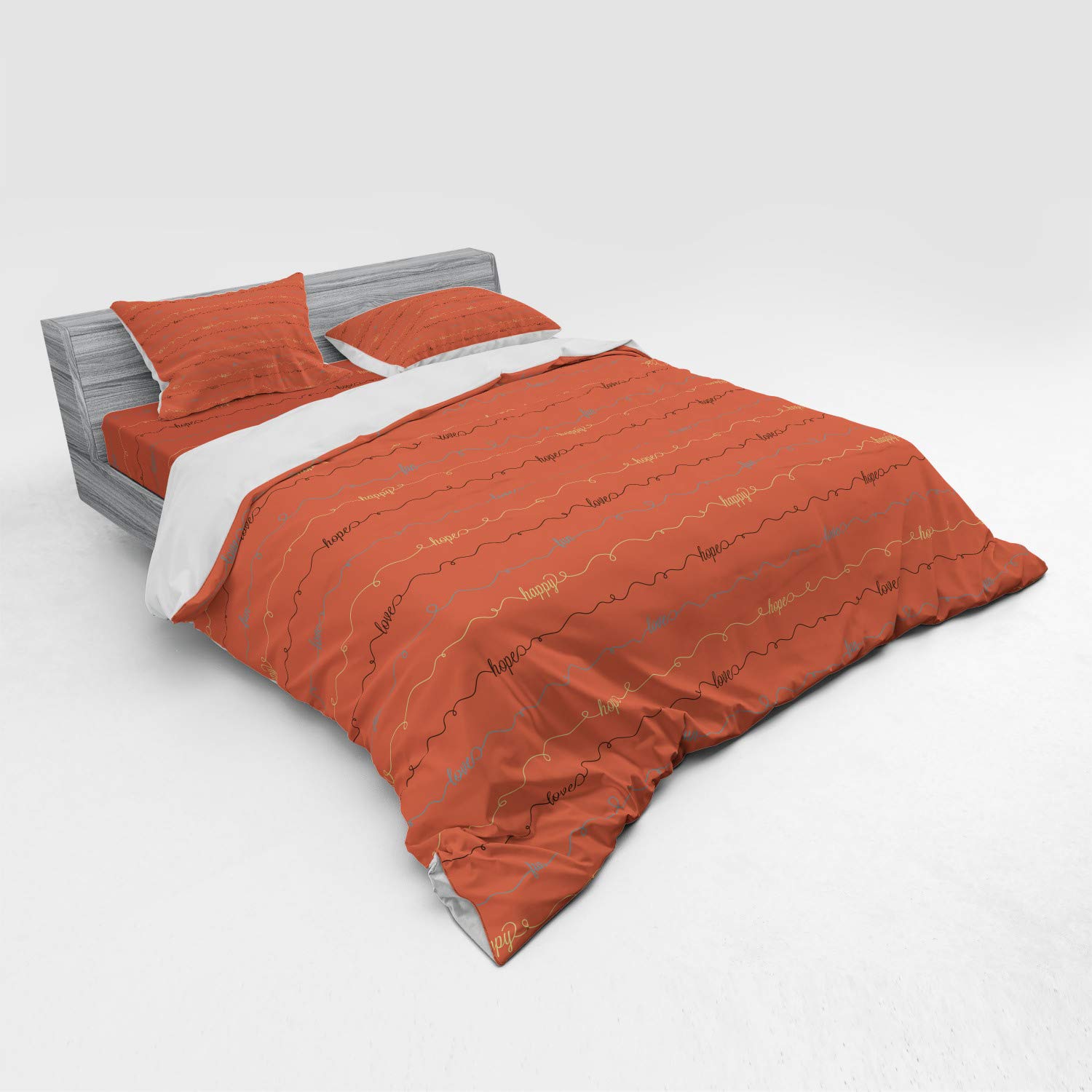 Ambesonne 4-Piece King Size Duvet Cover Set with Shams & Fitted Sheet - Dark Coral Backdrop with Inspirational 'Hope Love Happy' Lettering - Soft Dark Brown Bedding for Cozy Master Bedroom Decor