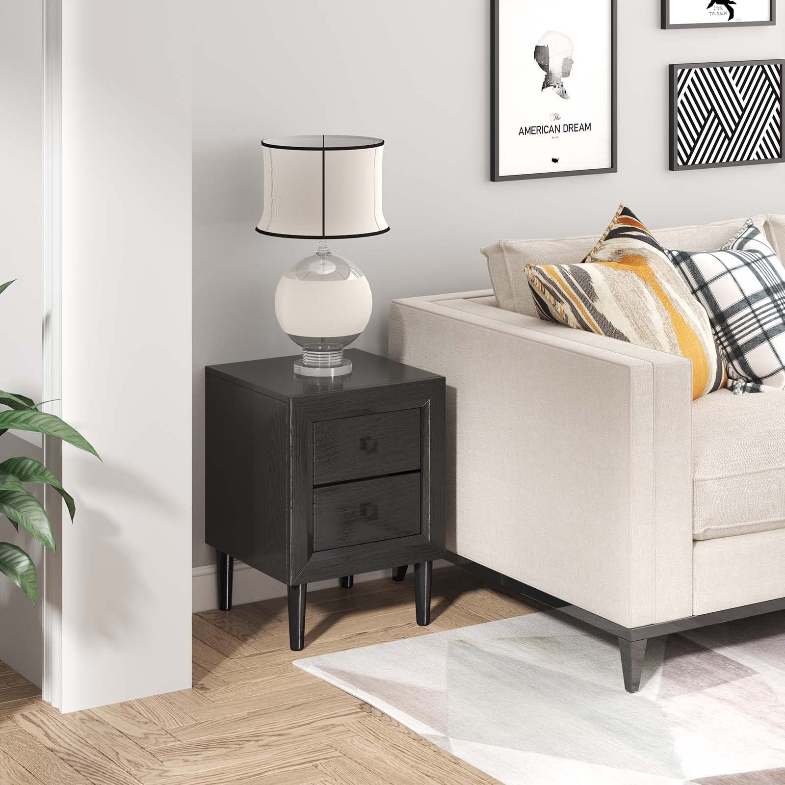 Giantex Black Nightstand - Fully Assembled 2-Drawer Bedside Table with Solid Wood Legs, Modern Bedroom Nightstand & Living Room Side Table for Small Spaces | Perfect for Bedrooms, Dorms & Apartments