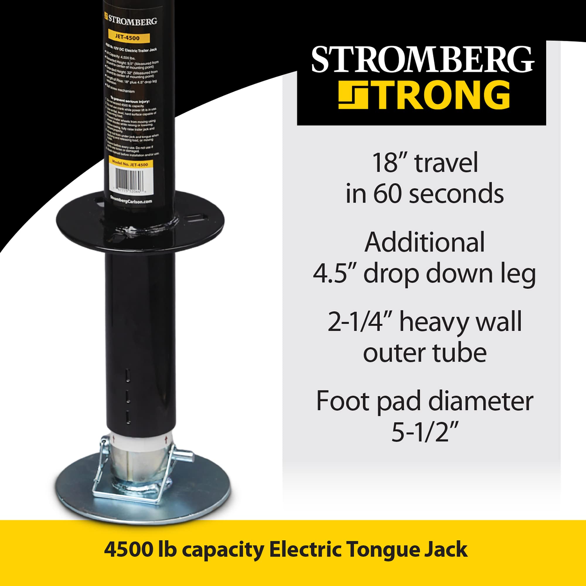 Stromberg Carlson JET-4500 Heavy Duty 4500 lb Electric Tongue Jack with Ball Screw Mechanism - 18