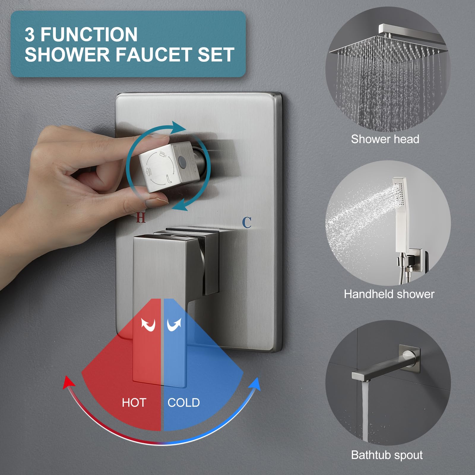 ROVATE 10 Inch Brushed Nickel Shower Faucet Set - 3-Function Bathroom Shower System with High Pressure Rainfall Shower Head, Handheld Spray & Tub Spout - Perfect for Modern Bathroom Renovations & Spa-Like Shower Experience