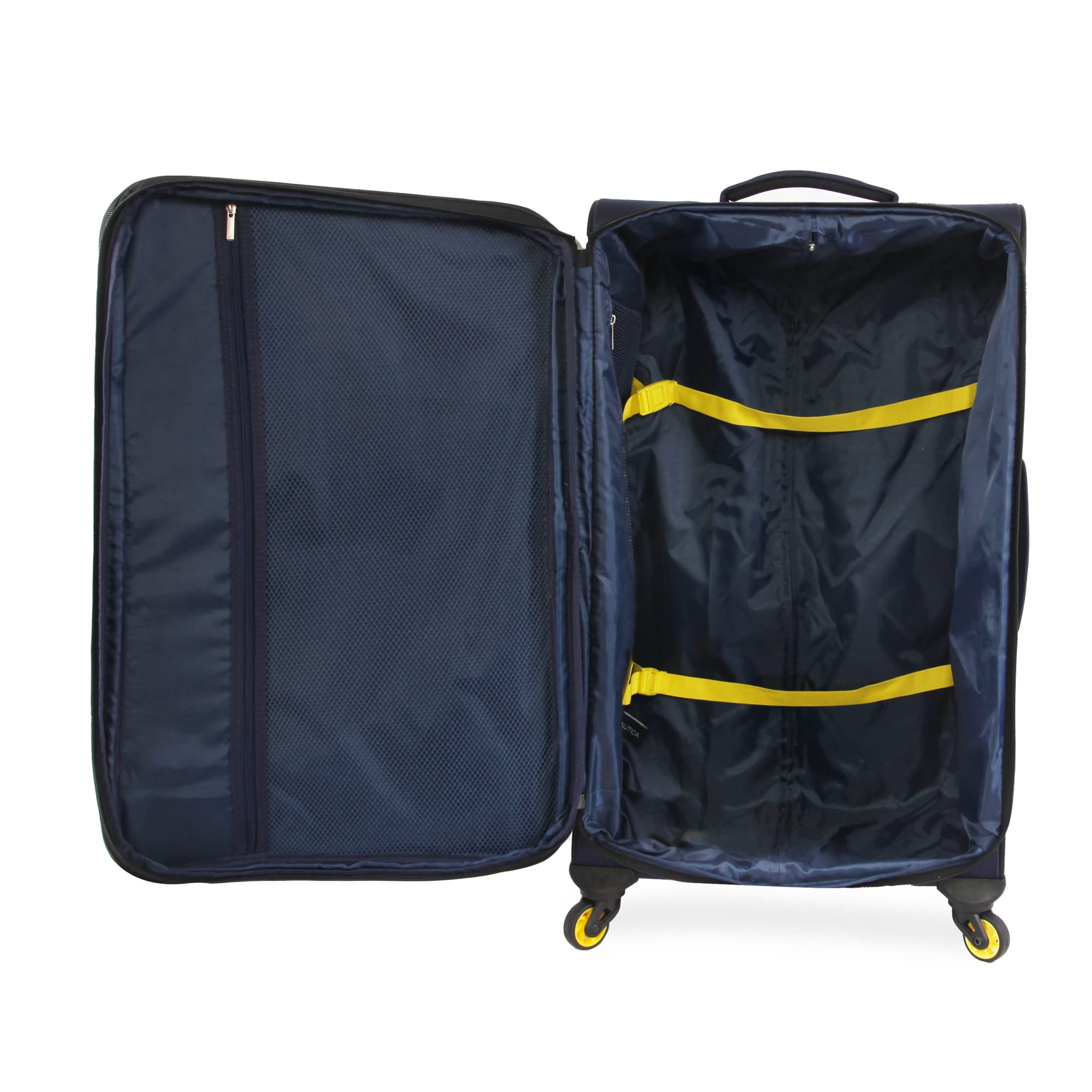 NAUTICA Emry 2-Piece Softside Luggage Set in Navy & Yellow | Lightweight Spinner Suitcase for Travel, Business Trips & Weekend Getaways