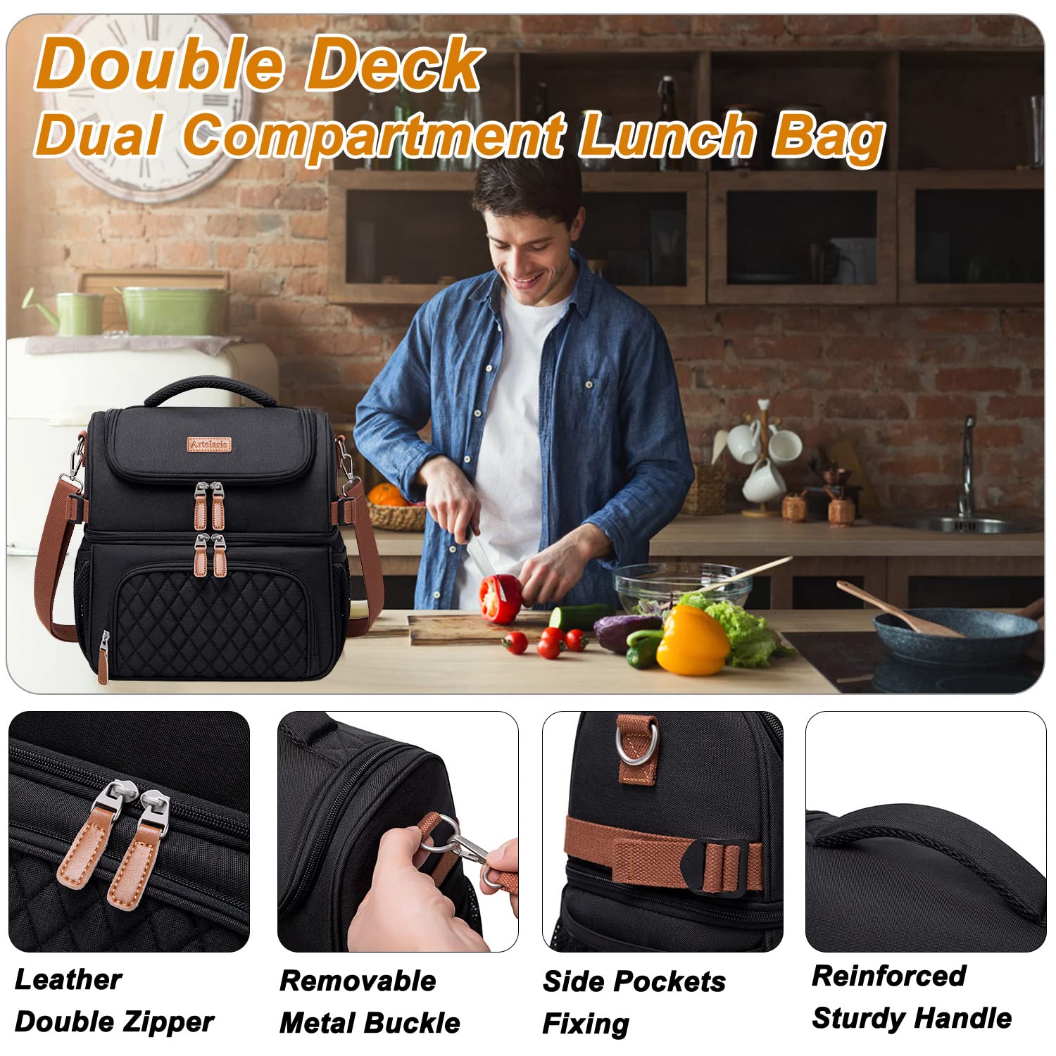 Artelaris Large Insulated Lunch Bag for Men & Women - Leak Proof Double Compartment Cooler Tote for Work, School & Picnics - Black & Grey Lunch Box with Dual Deck Design