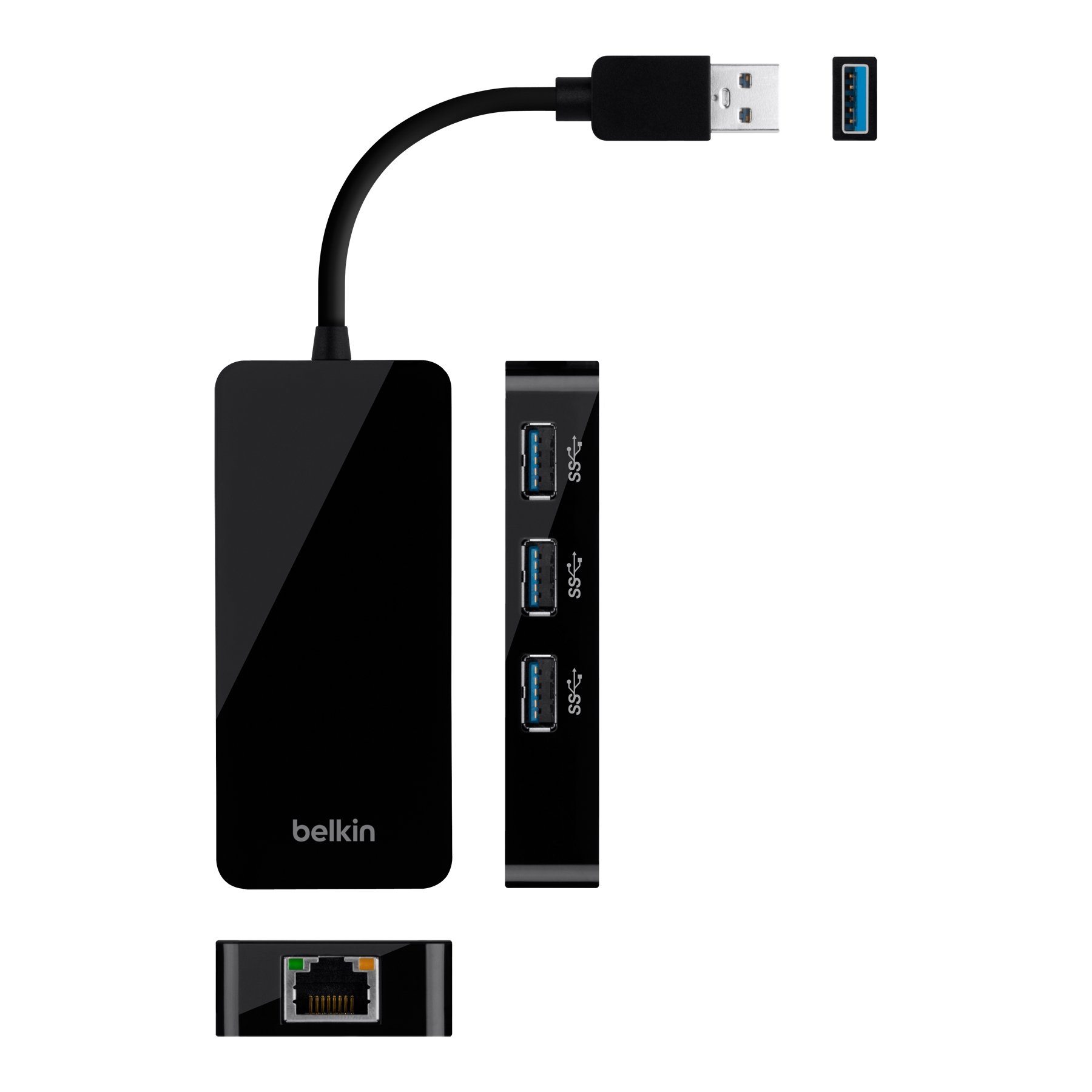 Belkin 3-Port USB 3.0 Hub with Gigabit Ethernet Adapter - High-Speed Data Transfer & Wired Network Connection - Compact USB Splitter for Laptop, Desktop, MacBook - Perfect for Home Office, Gaming & Remote Work (Black)