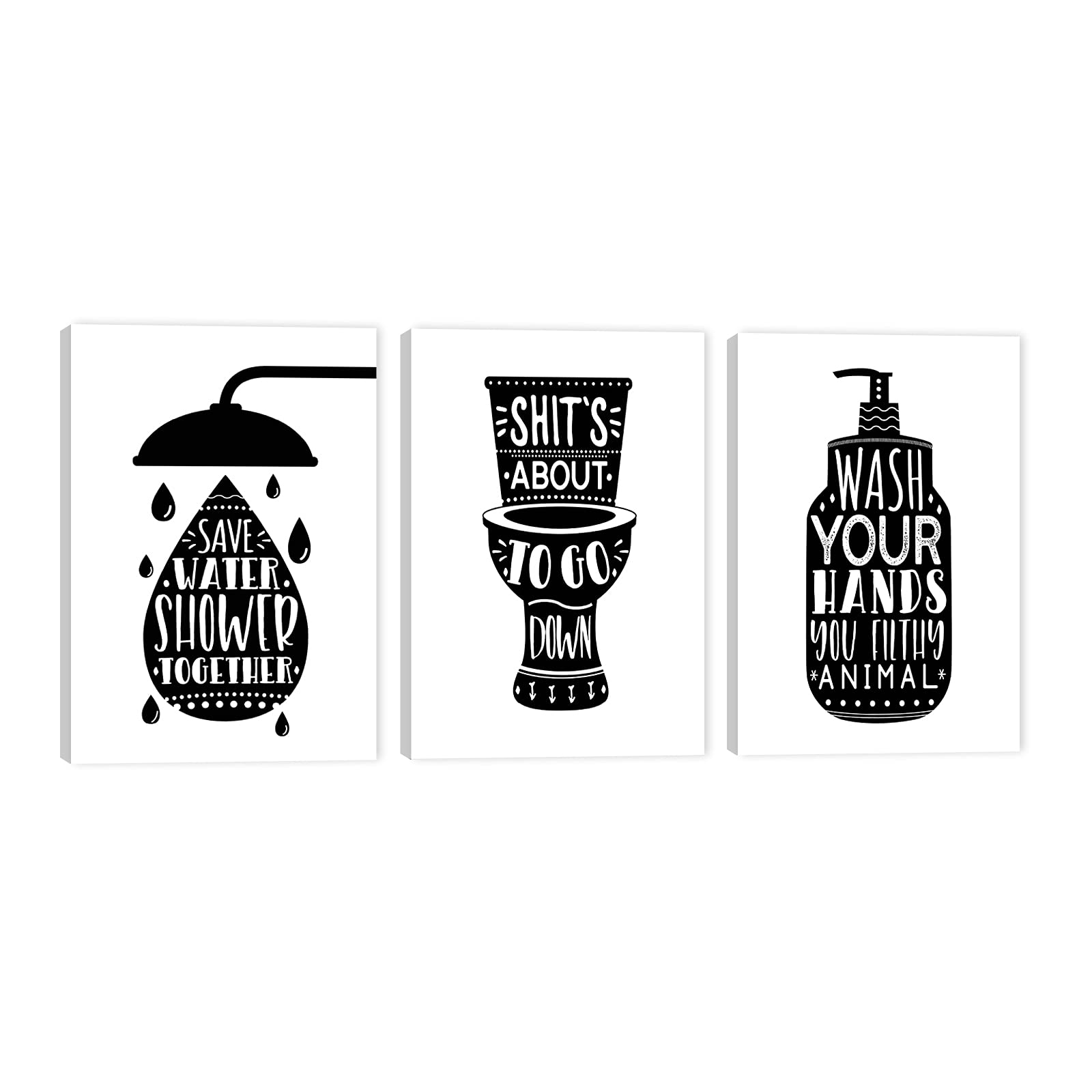 3-Piece Funny Bathroom Wall Art Set - Black & White Canvas Toilet Signs Decor for Modern Bathrooms | Perfect for Powder Room, Guest Bath & Home Decor