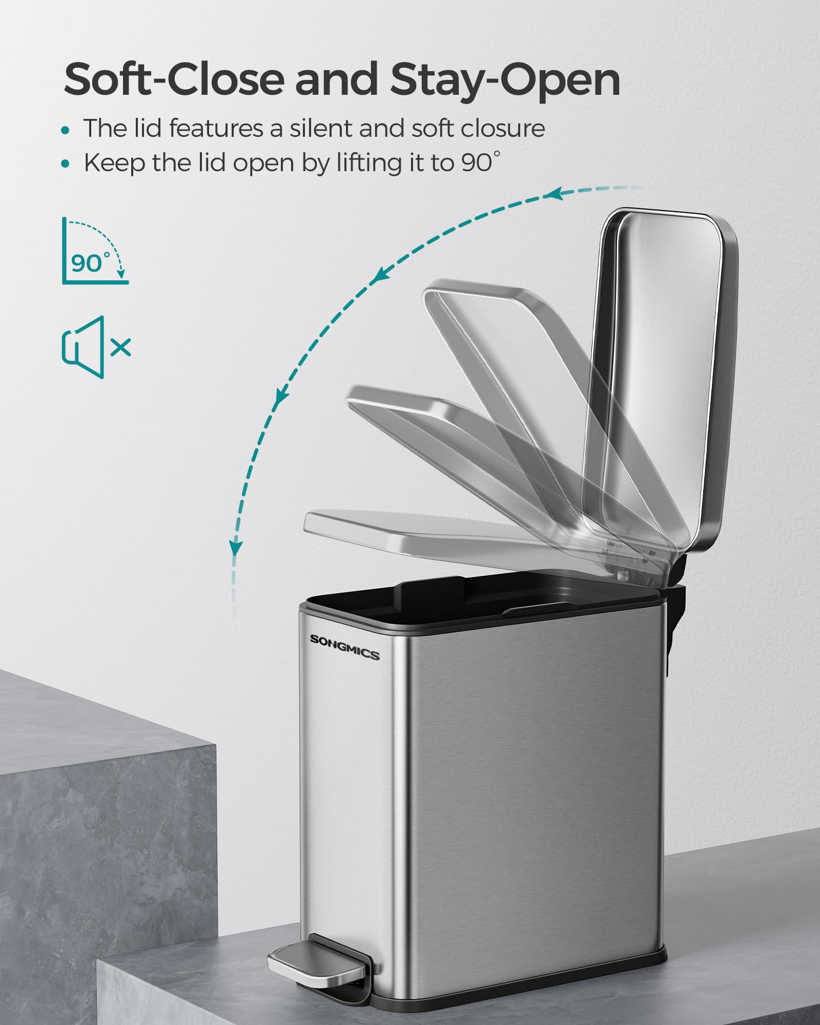 SONGMICS 2.6 Gallon Stainless Steel Bathroom Trash Can with Lid - Slim Small Space Garbage Bin, Soft Close Design, Silver ULTB561E10 - Perfect for Bathrooms, Kitchens, Offices & Tight Spaces